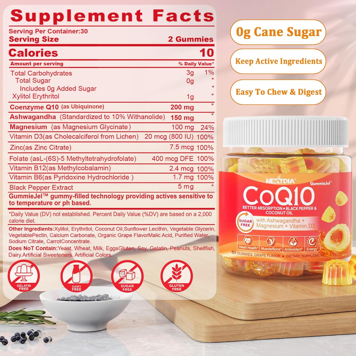 Sugar-Free CoQ10 Gummies with Ashwagandha, Magnesium, B6, D3, B12, & B9 - Energy & Heart Support - 2 Pack
