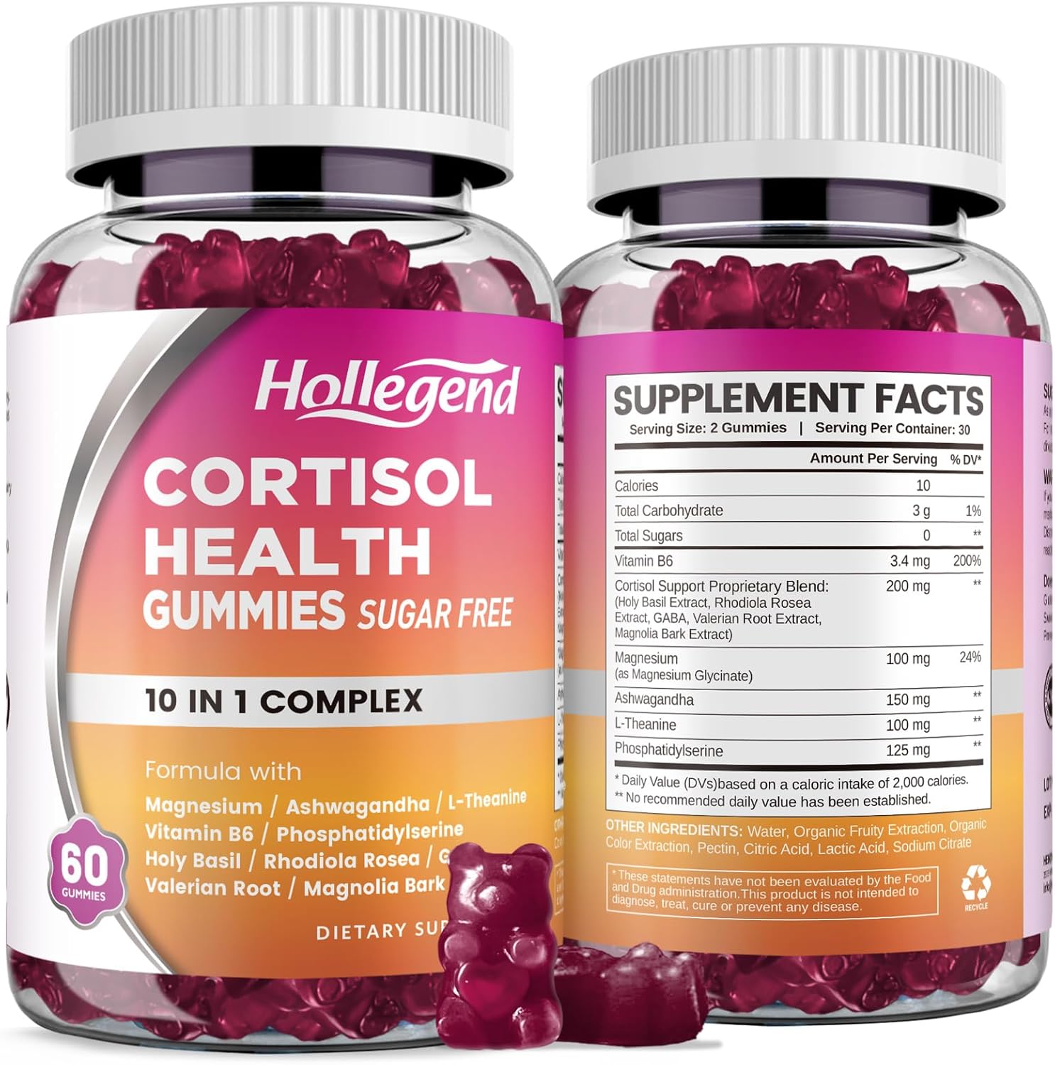 Sugar-Free Cortisol Gummies with Magnesium & Ashwagandha - Women's Relaxation & Focus Supplement - 120 Vegan Gummies