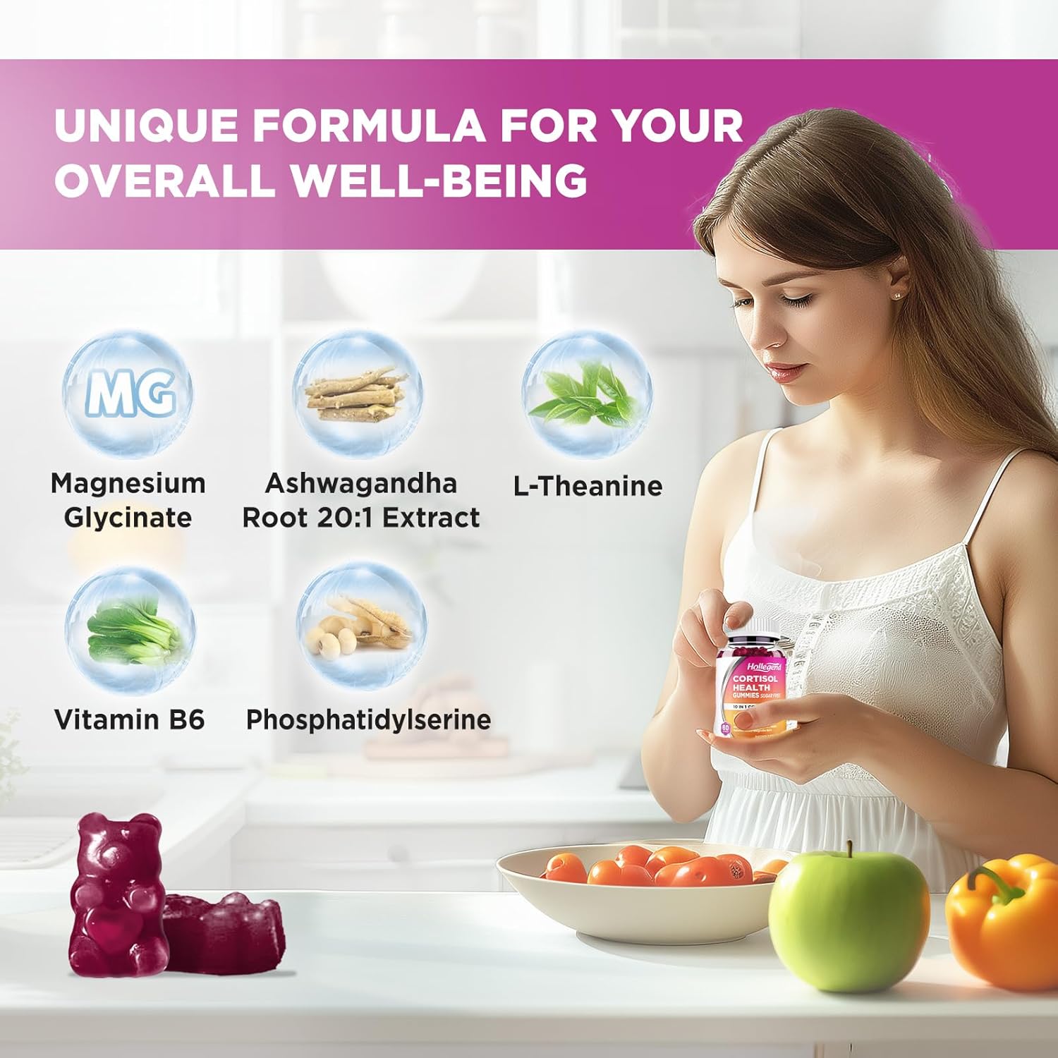 Sugar-Free Cortisol Gummies with Magnesium & Ashwagandha - Women's Relaxation & Focus Supplement - 120 Vegan Gummies