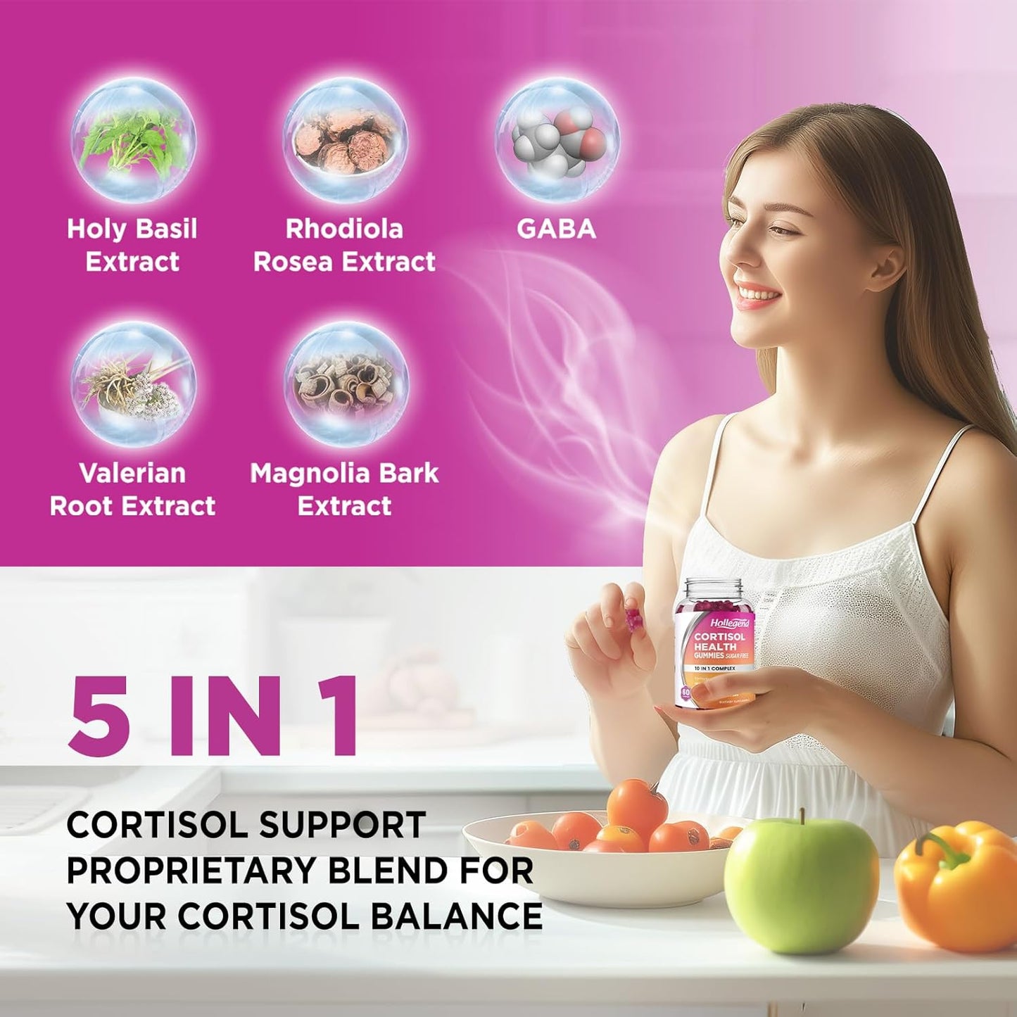 Sugar-Free Cortisol Gummies with Magnesium & Ashwagandha - Women's Relaxation & Focus Supplement - 120 Vegan Gummies