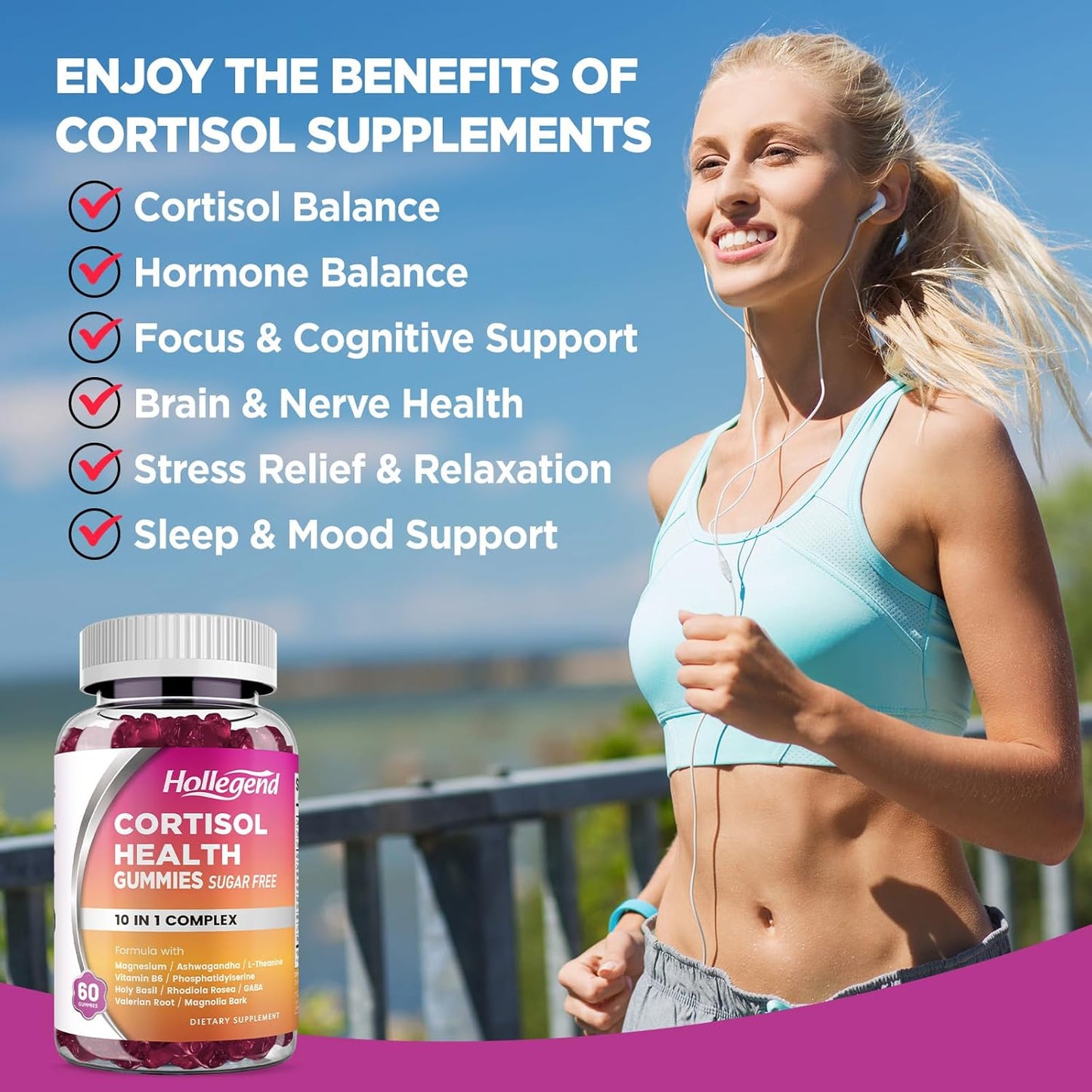 Sugar-Free Cortisol Gummies with Magnesium & Ashwagandha - Women's Relaxation & Focus Supplement - 120 Vegan Gummies