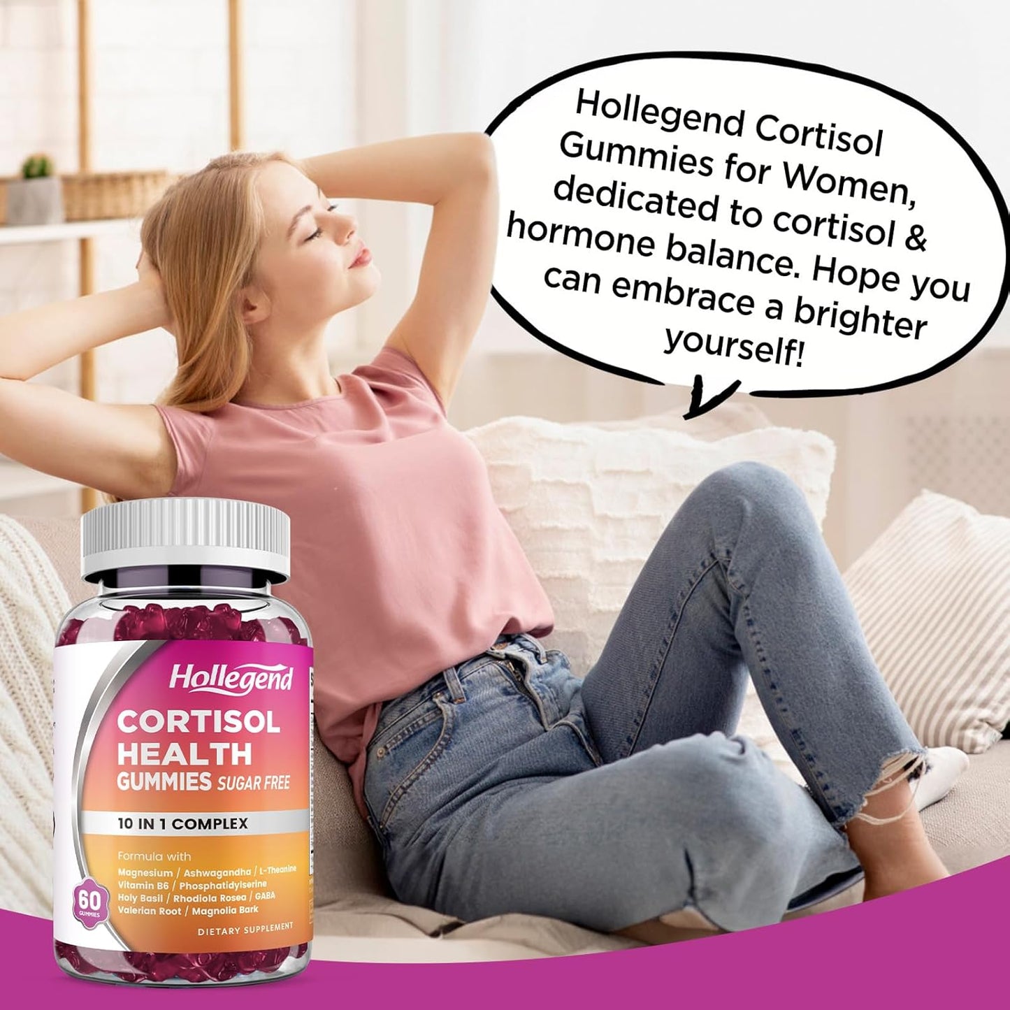 Sugar-Free Cortisol Gummies with Magnesium & Ashwagandha - Women's Relaxation & Focus Supplement - 120 Vegan Gummies