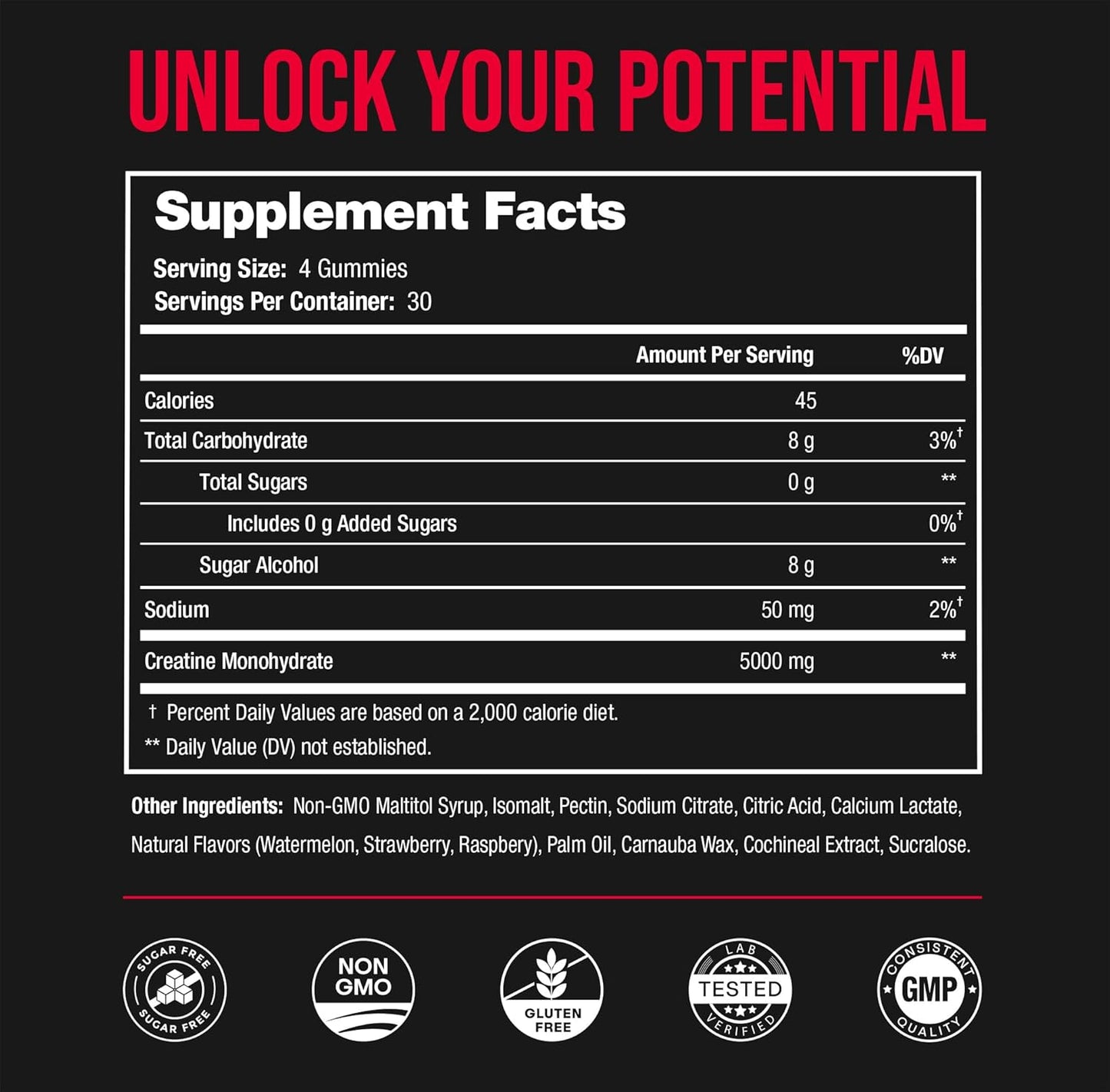 Sugar Free Creatine Gummies for Men & Women - 120 Chewable Monohydrate Gummies - Supports Muscle Recovery & Workout Performance