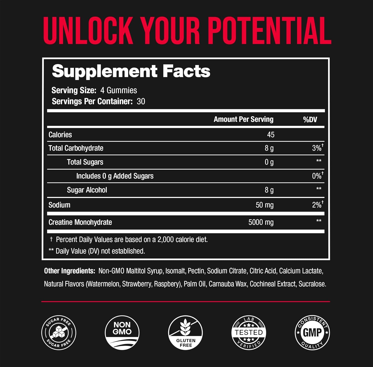 Sugar Free Creatine Gummies for Men & Women - 120 Chewable Monohydrate Gummies - Supports Muscle Recovery & Workout Performance