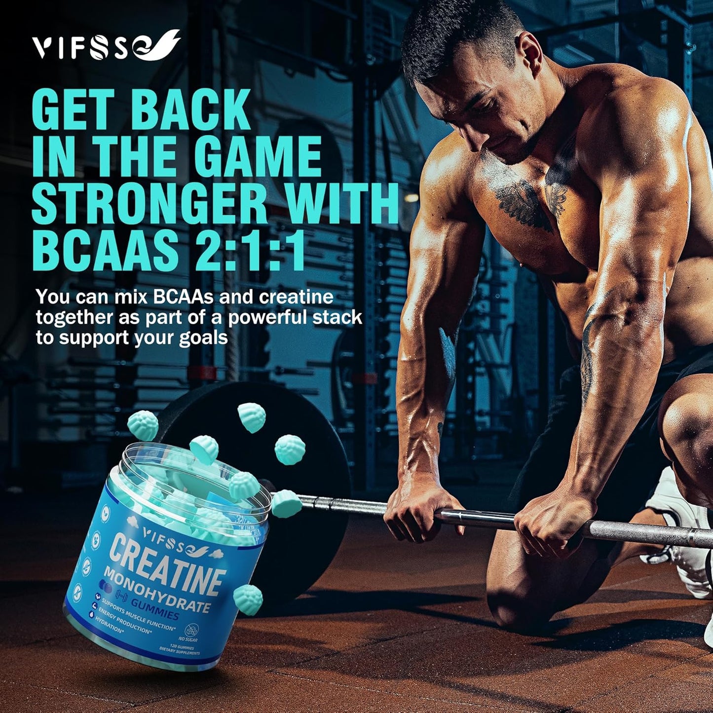 Sugar-Free Creatine Gummies with BCAA & Collagen - 120 Count for Muscle Support & Energy Boost