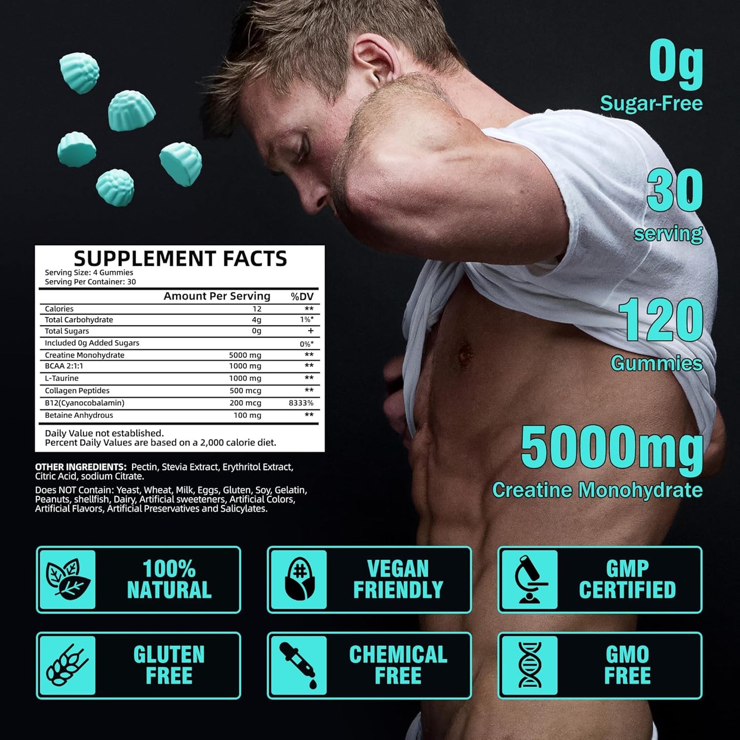 Sugar-Free Creatine Gummies with BCAA & Collagen - 120 Count for Muscle Support & Energy Boost