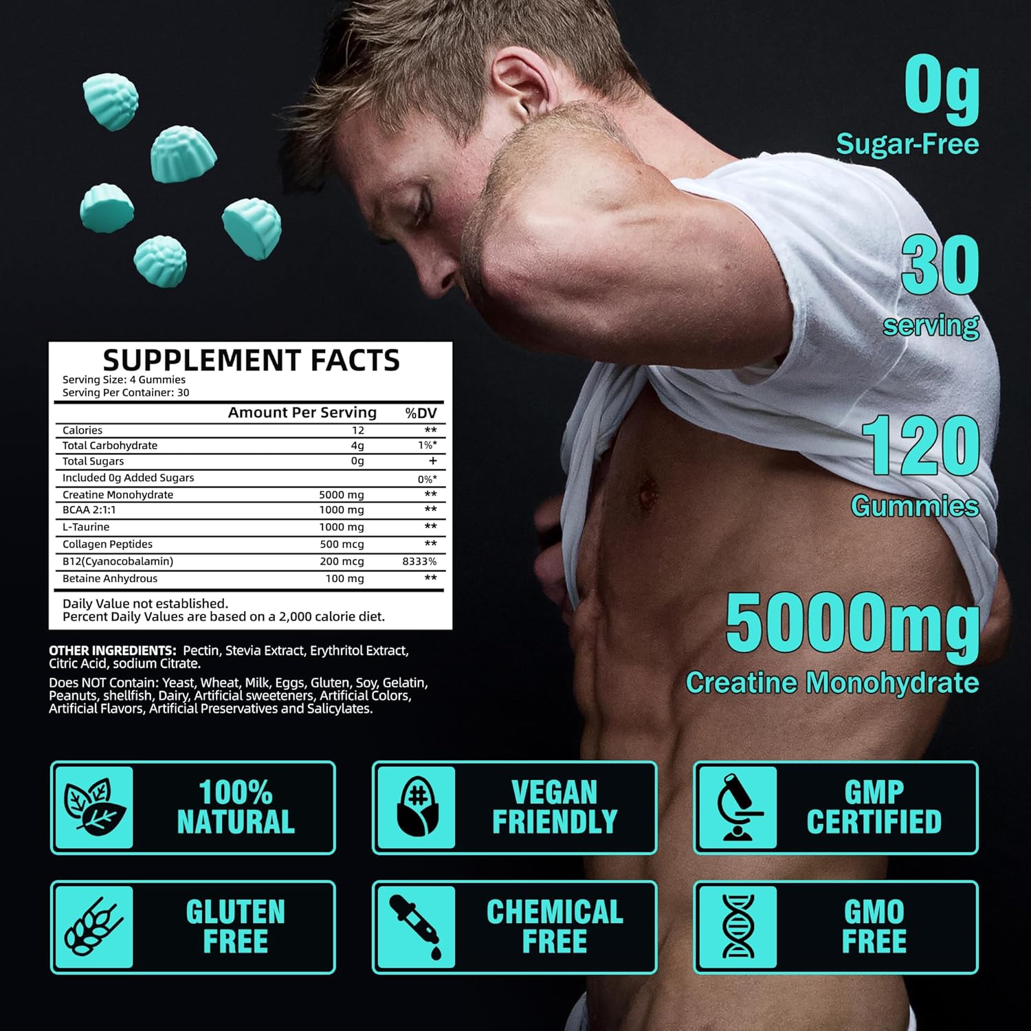 Sugar-Free Creatine Gummies with BCAA & Collagen - 120 Count for Muscle Support & Energy Boost
