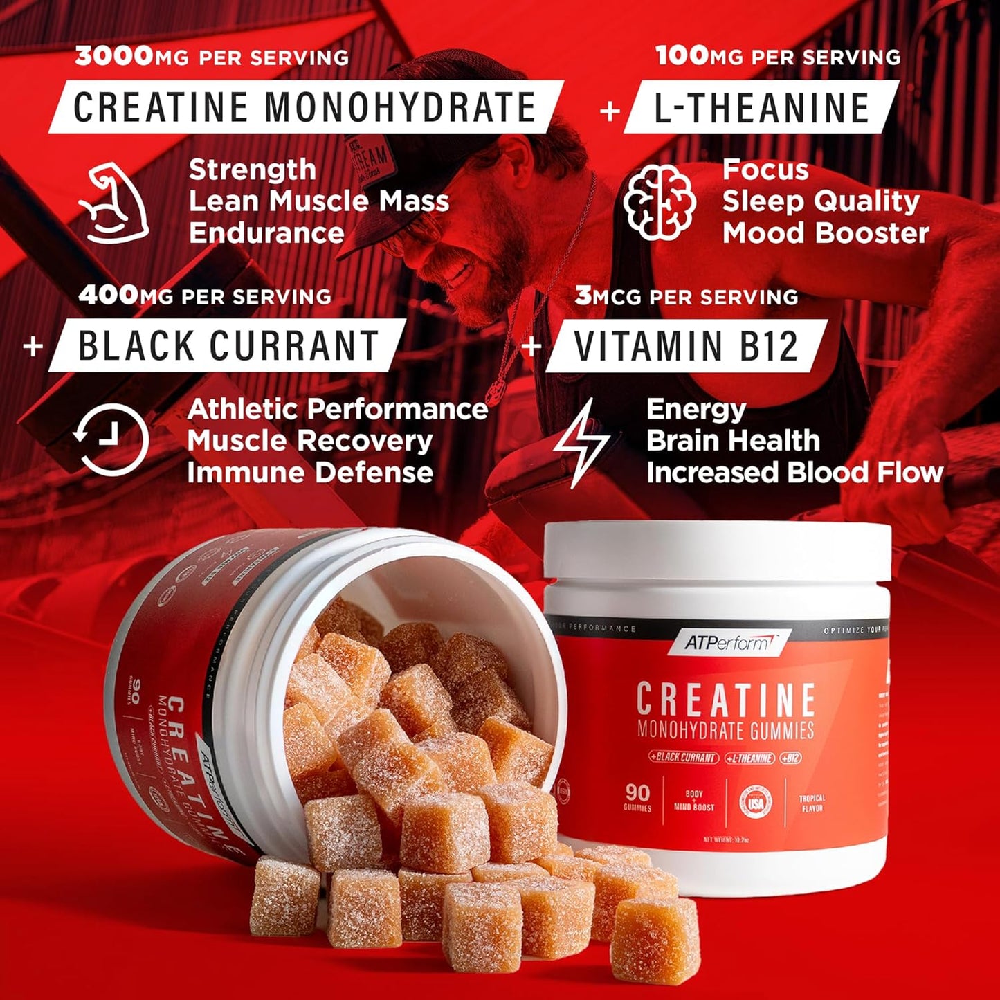 Sugar-Free Creatine Gummies with Black Currant Extract for Pre-Workout & Recovery - Tropical Flavor, 90ct