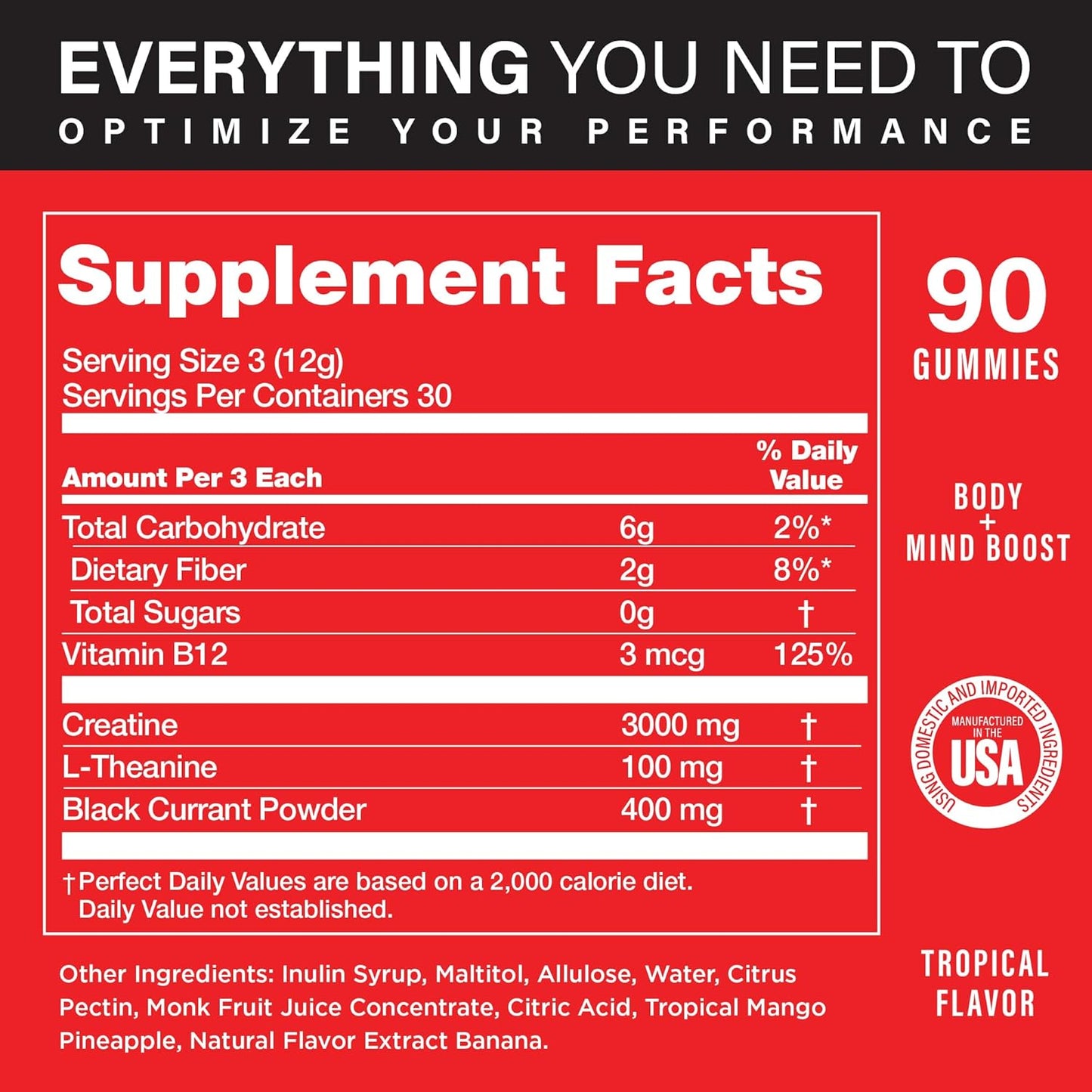 Sugar-Free Creatine Gummies with Black Currant Extract for Pre-Workout & Recovery - Tropical Flavor, 90ct
