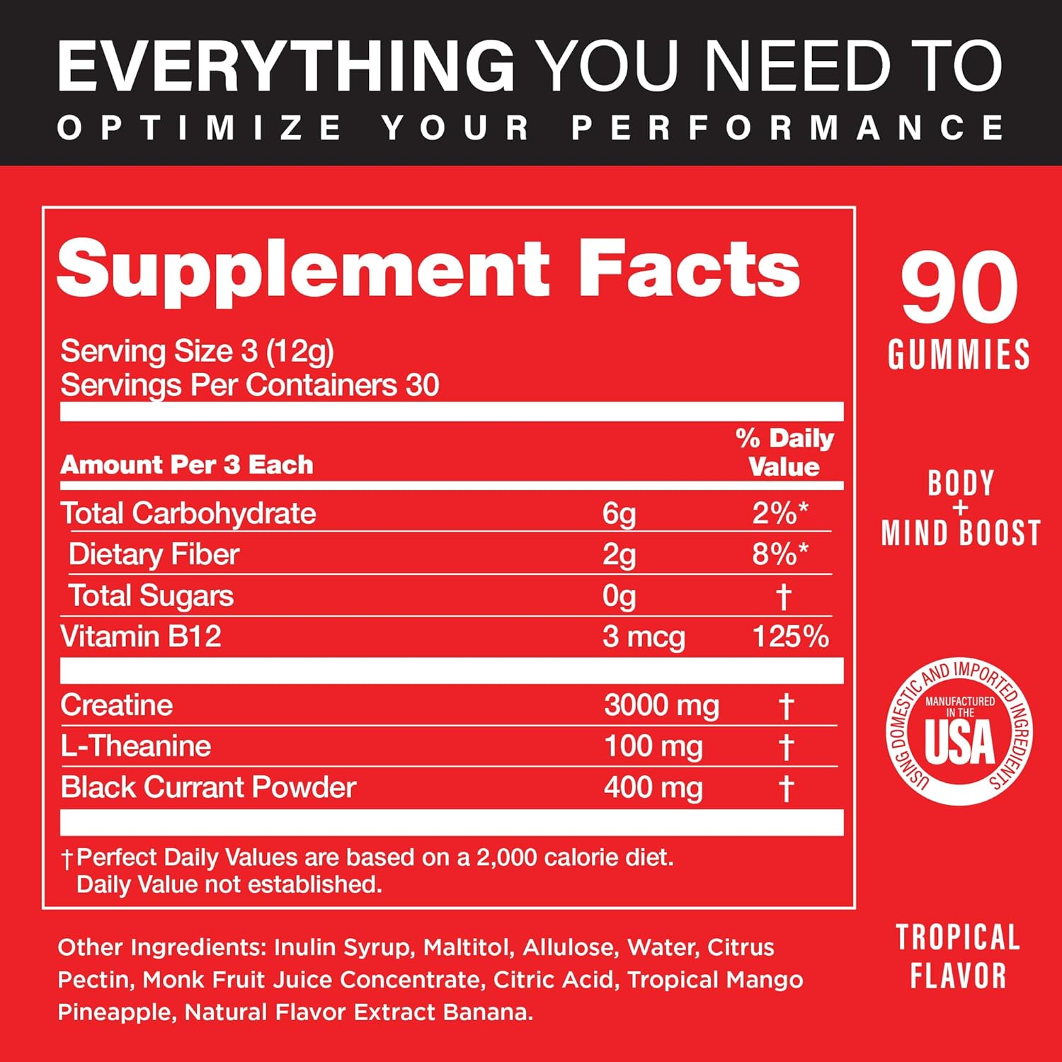 Sugar-Free Creatine Gummies with Black Currant Extract for Pre-Workout & Recovery - Tropical Flavor, 90ct