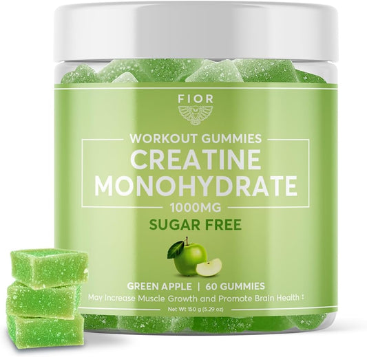 Sugar-Free Creatine Gummy Chews - Best Monohydrate Supplement for Workouts, Protein & Cognitive Boost, Green Apple, 60 Count
