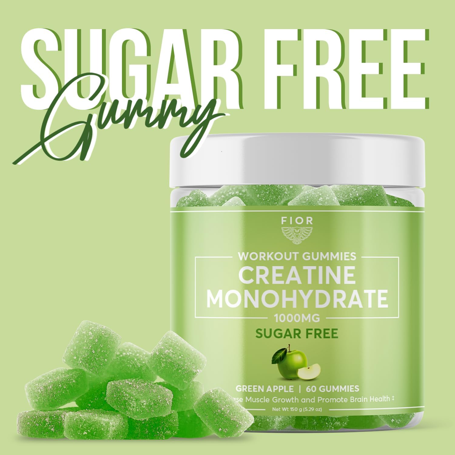 Sugar-Free Creatine Gummy Chews - Best Monohydrate Supplement for Workouts, Protein & Cognitive Boost, Green Apple, 60 Count