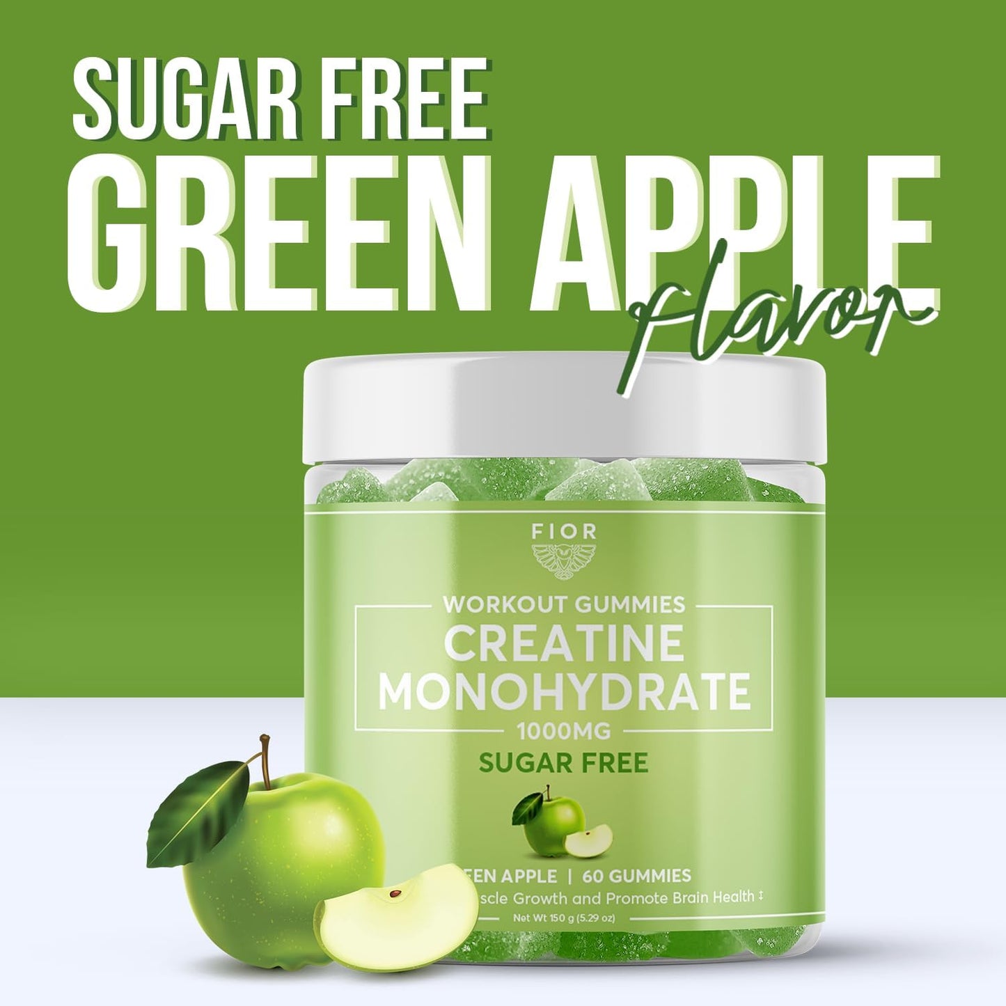 Sugar-Free Creatine Gummy Chews - Best Monohydrate Supplement for Workouts, Protein & Cognitive Boost, Green Apple, 60 Count