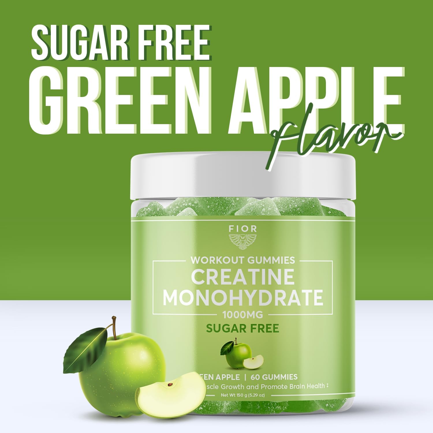 Sugar-Free Creatine Gummy Chews - Best Monohydrate Supplement for Workouts, Protein & Cognitive Boost, Green Apple, 60 Count
