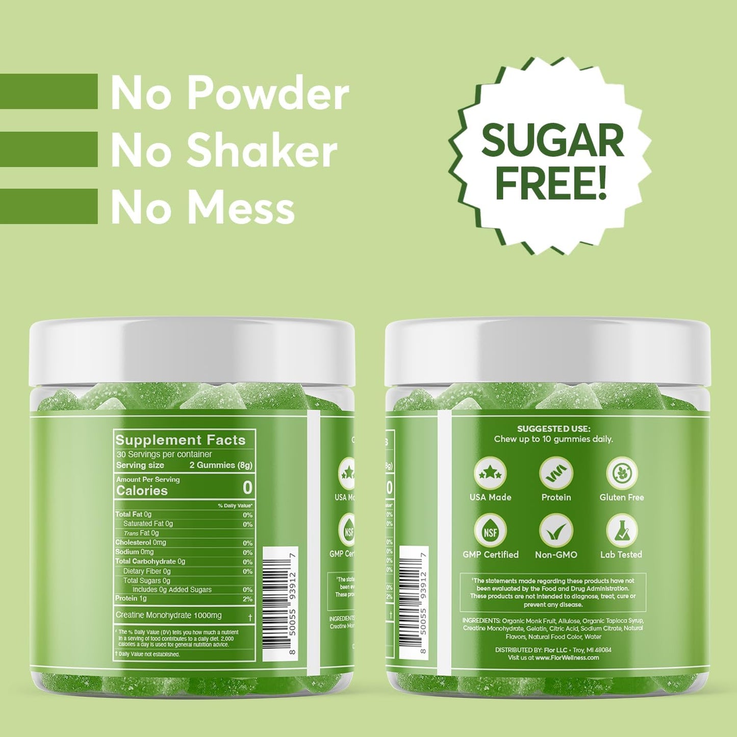 Sugar-Free Creatine Gummy Chews - Best Monohydrate Supplement for Workouts, Protein & Cognitive Boost, Green Apple, 60 Count