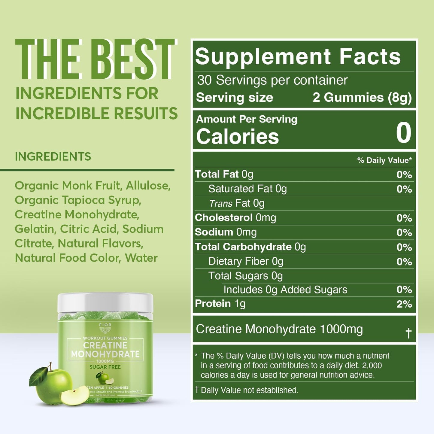 Sugar-Free Creatine Gummy Chews - Best Monohydrate Supplement for Workouts, Protein & Cognitive Boost, Green Apple, 60 Count
