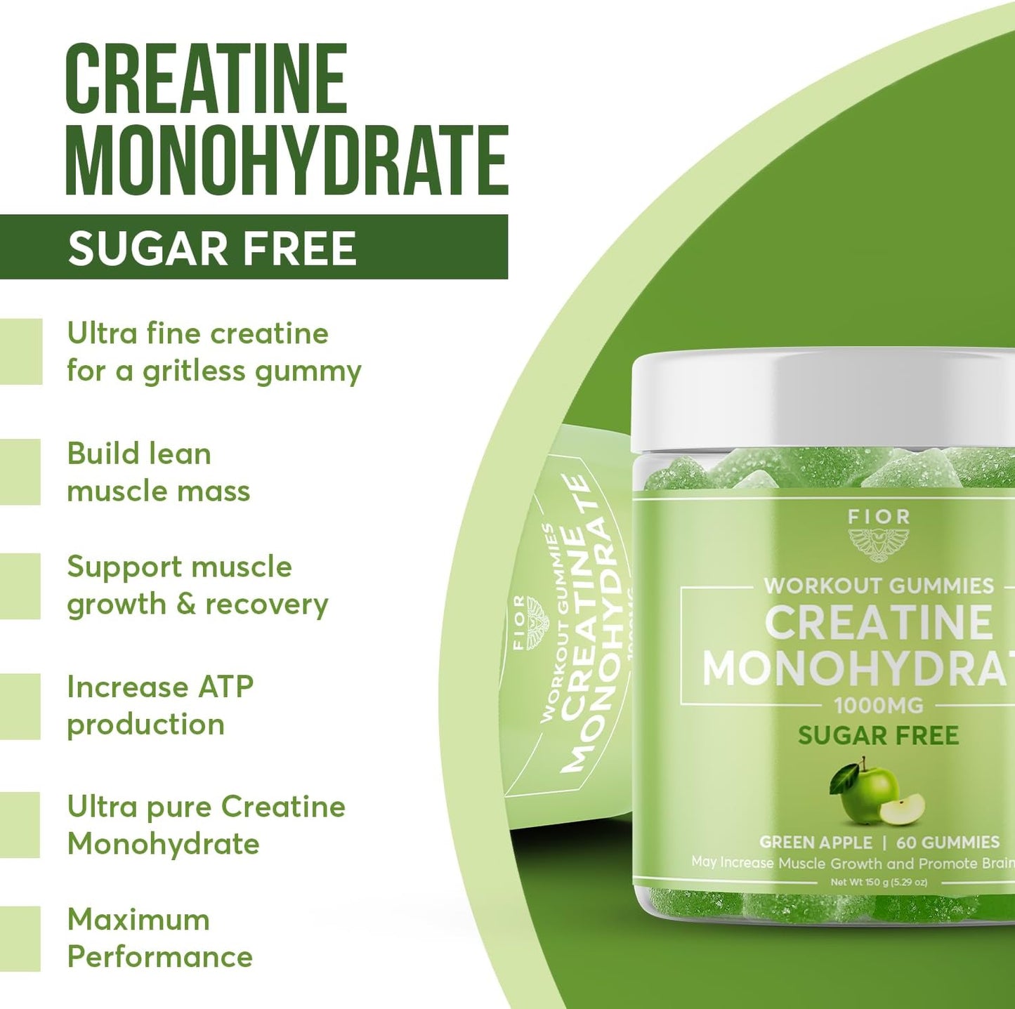 Sugar-Free Creatine Gummy Chews - Best Monohydrate Supplement for Workouts, Protein & Cognitive Boost, Green Apple, 60 Count