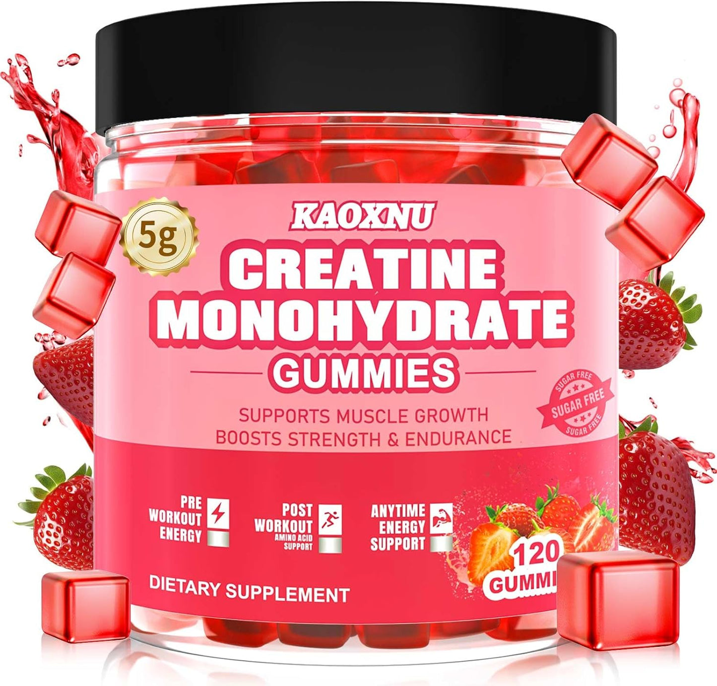 Sugar-Free Creatine Monohydrate Gummies 120 CT - 5600mg per Serving - Muscle Strength, Energy Boost - Strawberry Flavor