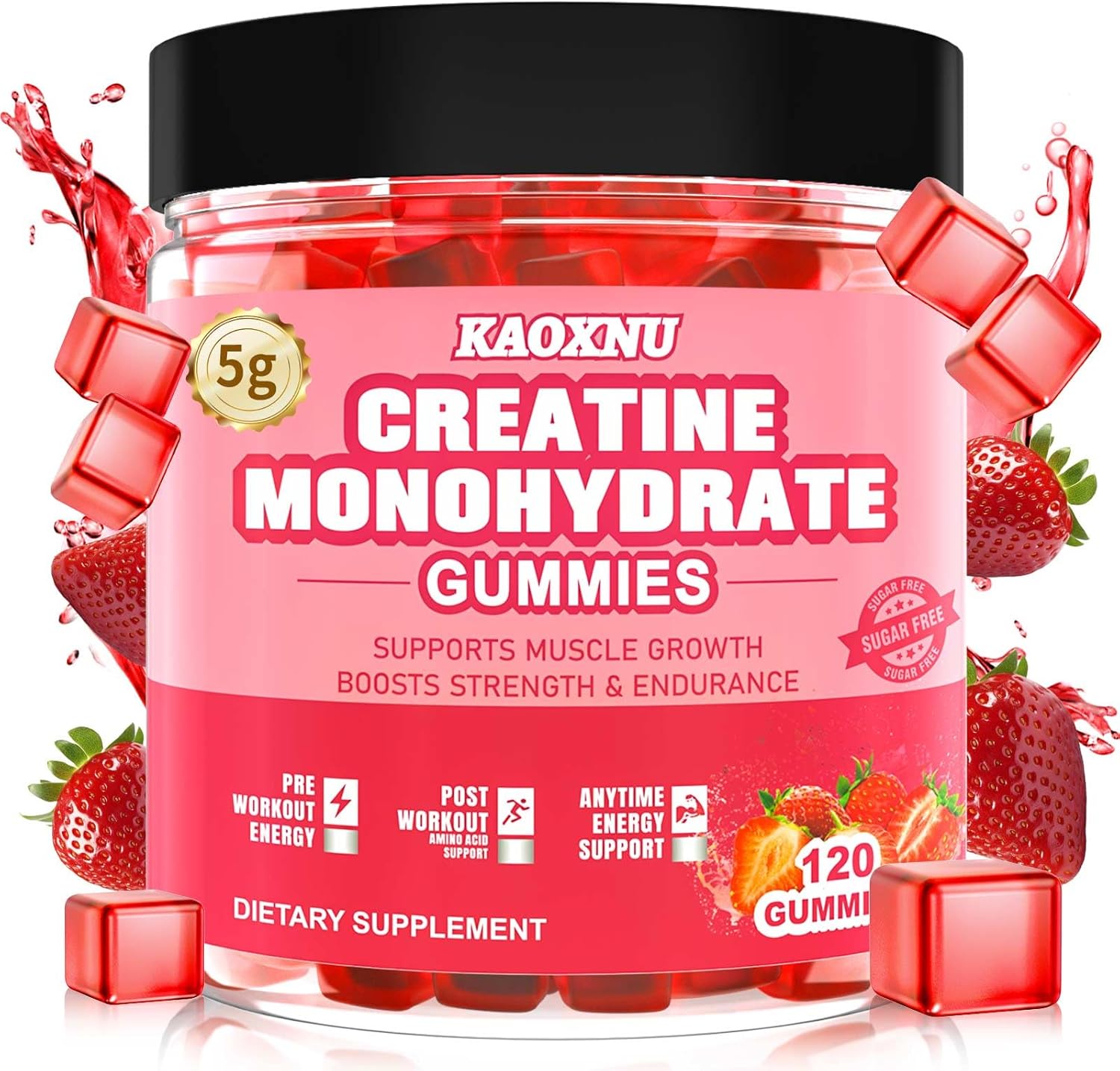 Sugar-Free Creatine Monohydrate Gummies 120 CT - 5600mg per Serving - Muscle Strength, Energy Boost - Strawberry Flavor