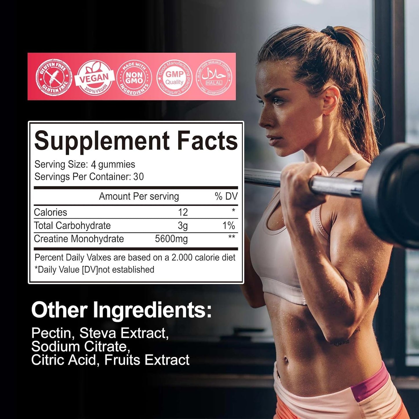 Sugar-Free Creatine Monohydrate Gummies 120 CT - 5600mg per Serving - Muscle Strength, Energy Boost - Strawberry Flavor