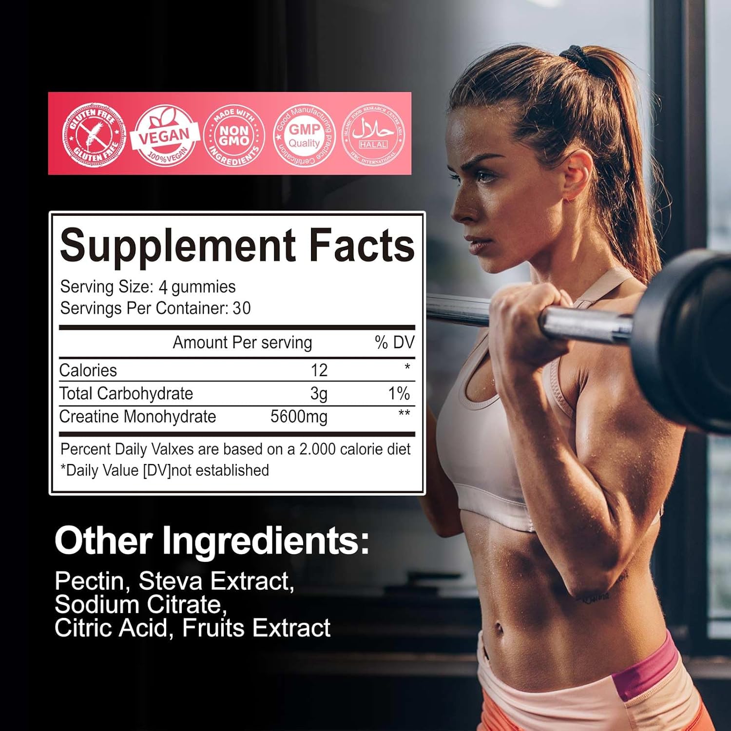 Sugar-Free Creatine Monohydrate Gummies 120 CT - 5600mg per Serving - Muscle Strength, Energy Boost - Strawberry Flavor