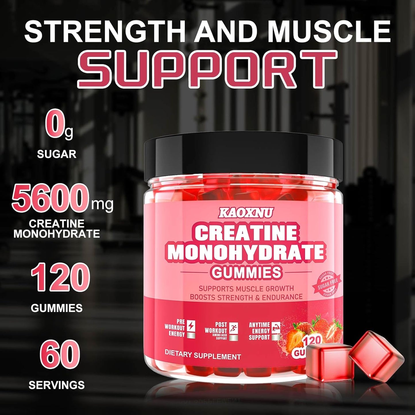Sugar-Free Creatine Monohydrate Gummies 120 CT - 5600mg per Serving - Muscle Strength, Energy Boost - Strawberry Flavor