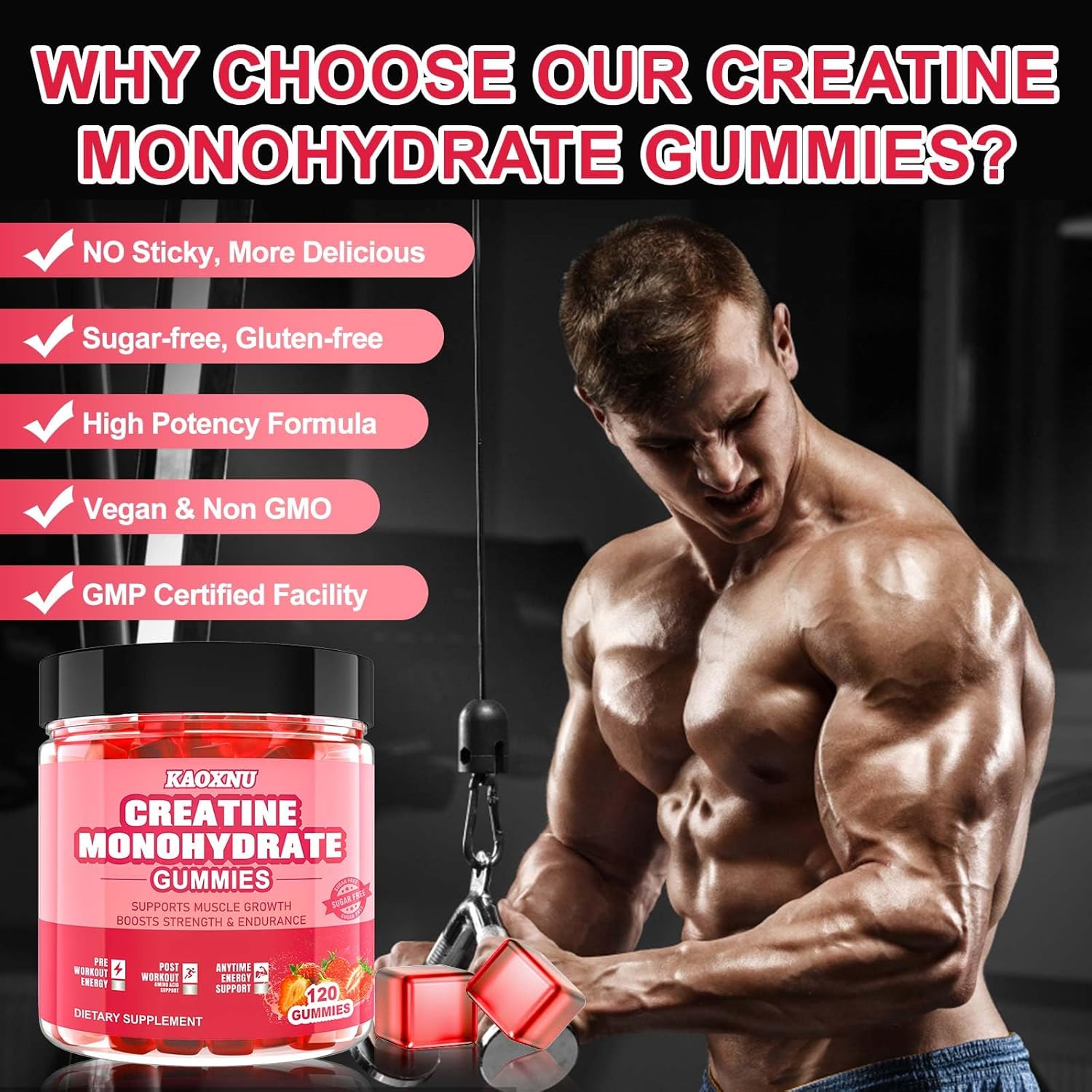 Sugar-Free Creatine Monohydrate Gummies 120 CT - 5600mg per Serving - Muscle Strength, Energy Boost - Strawberry Flavor