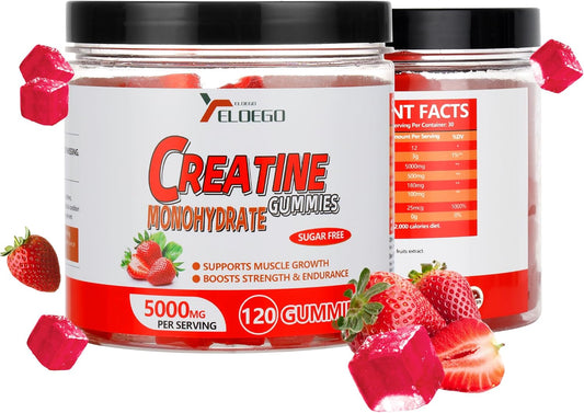 Sugar-Free Creatine Monohydrate Gummies 5000mg with L-Taurine & Vitamin B12 - Muscle Builder, Energy Boost, Pre-Workout Supplement for Men & Women - Strawberry Flavor - 120 Count