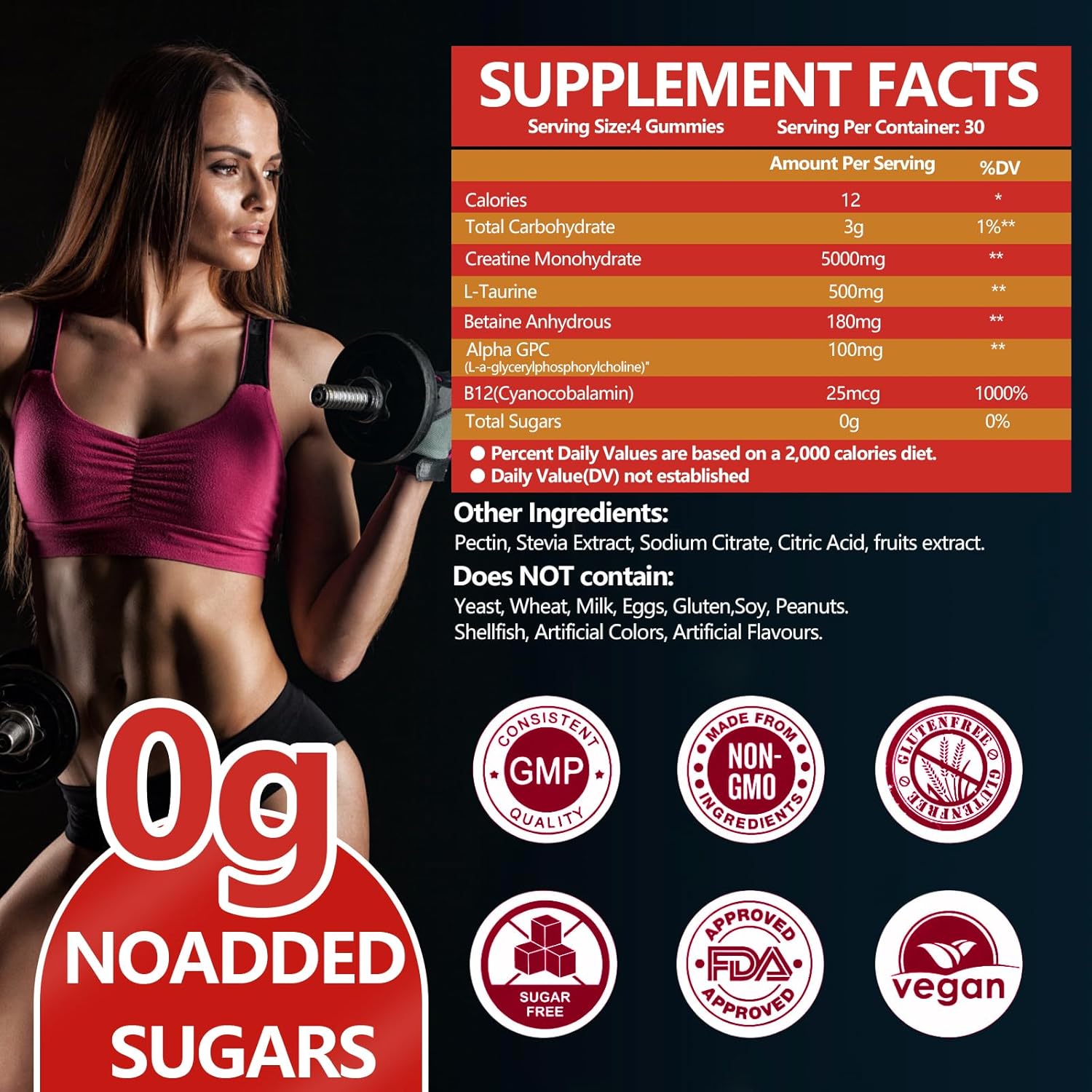Sugar-Free Creatine Monohydrate Gummies 5000mg with L-Taurine & Vitamin B12 - Muscle Builder, Energy Boost, Pre-Workout Supplement for Men & Women - Strawberry Flavor - 120 Count