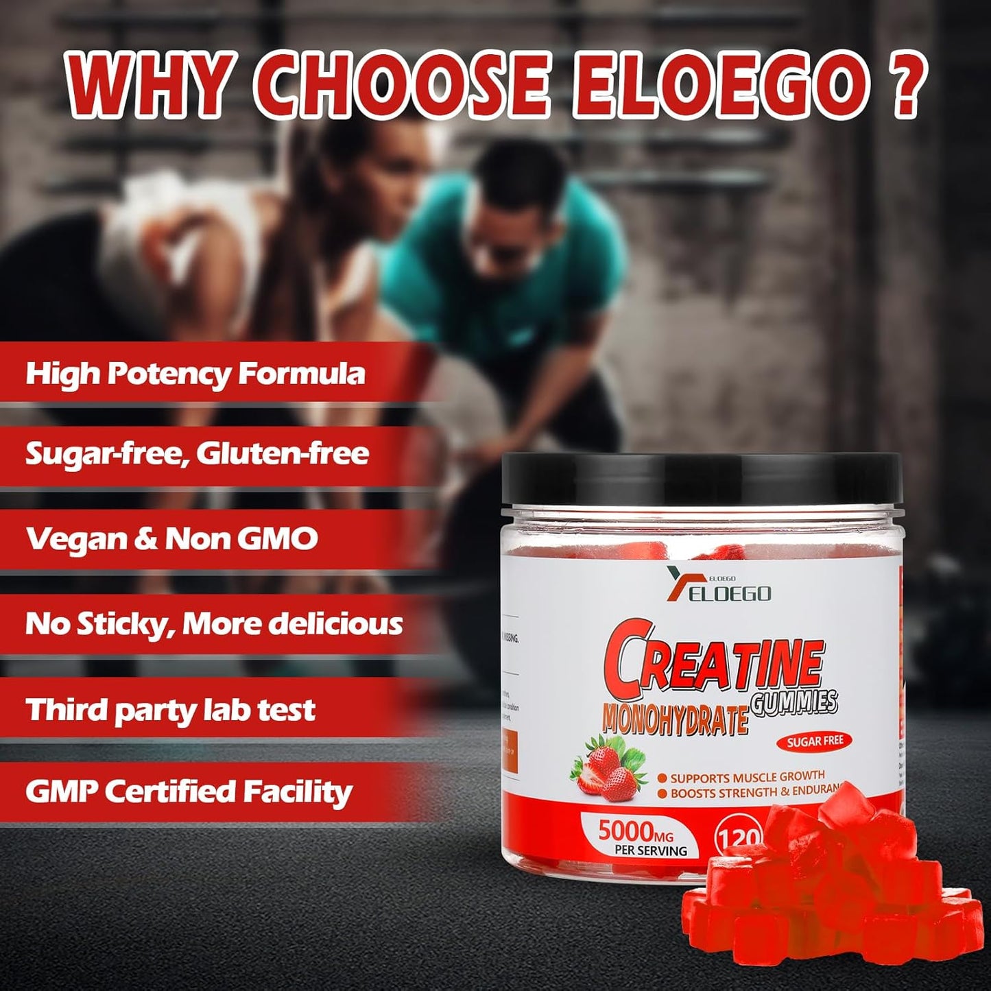 Sugar-Free Creatine Monohydrate Gummies 5000mg with L-Taurine & Vitamin B12 - Muscle Builder, Energy Boost, Pre-Workout Supplement for Men & Women - Strawberry Flavor - 120 Count