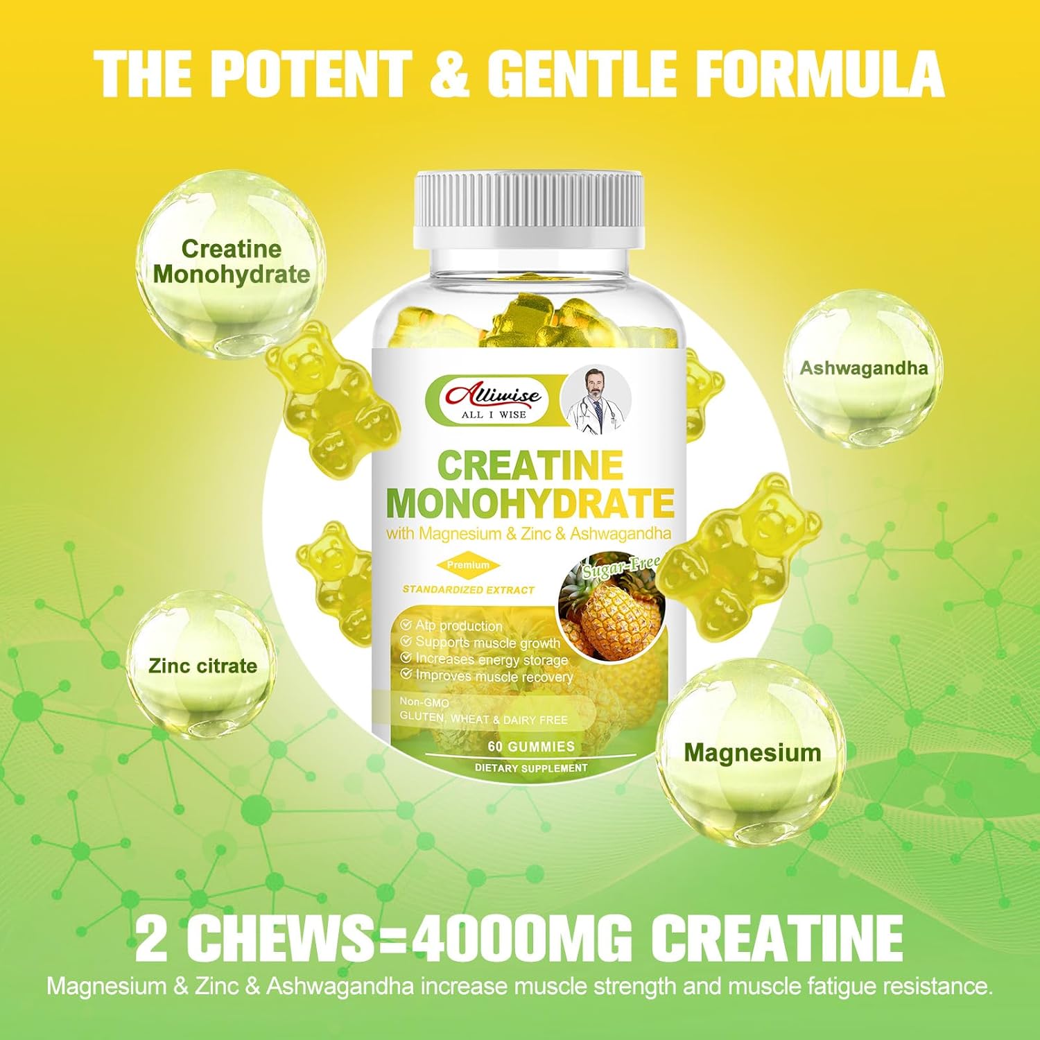 Sugar-Free Creatine Monohydrate Gummy with Magnesium, Zinc, and Ashwagandha for Muscle Building and Pre-Workout Energy Boost