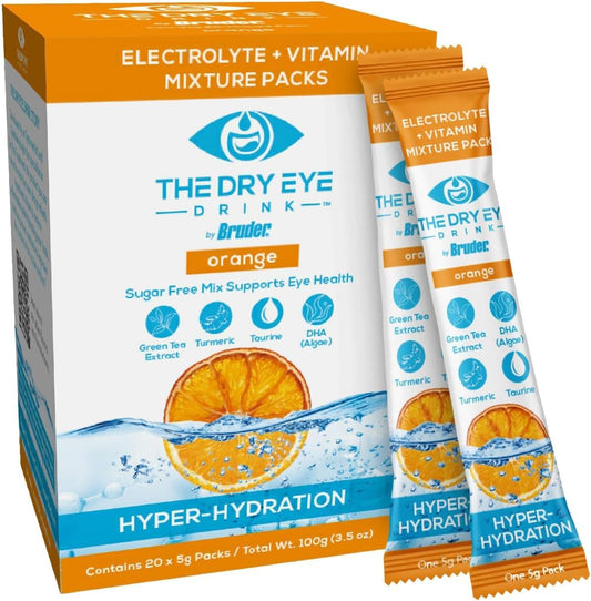Sugar-Free Electrolyte Powder Packets for Dry Eyes l Ultimate Hydration Blend with Vitamins, Green Tea, Turmeric, Taurine, DHA l 5g x 20 Packets (Orange)