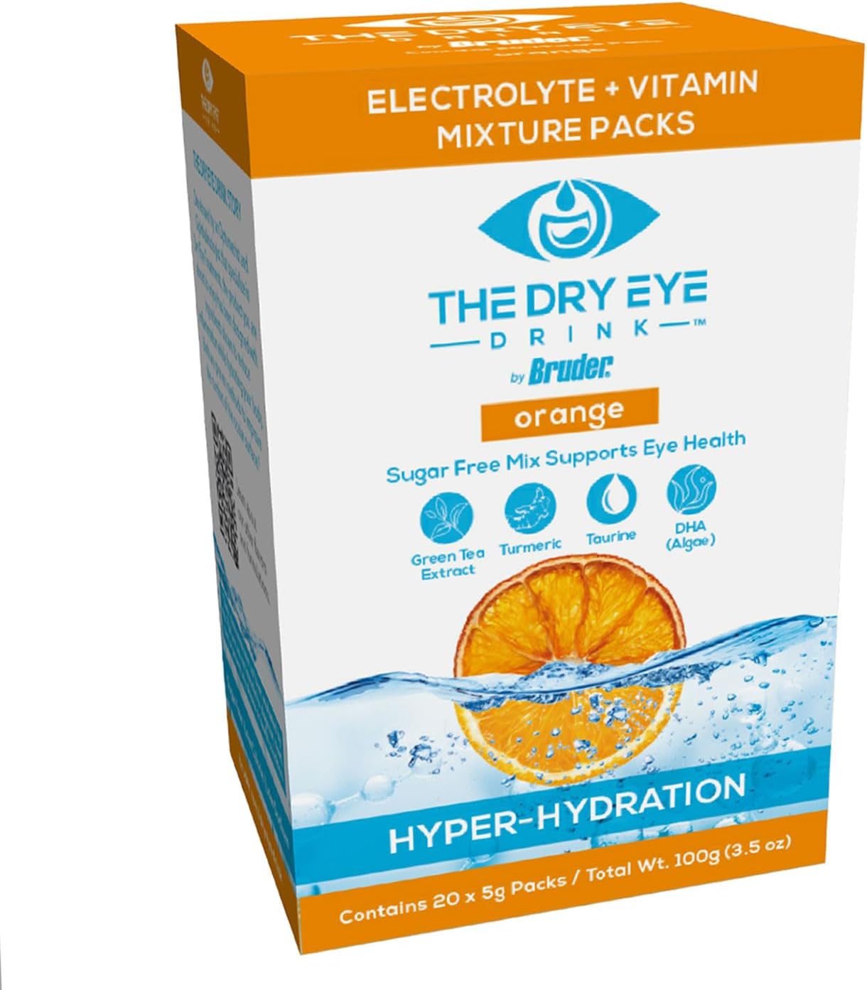 Sugar-Free Electrolyte Powder Packets for Dry Eyes l Ultimate Hydration Blend with Vitamins, Green Tea, Turmeric, Taurine, DHA l 5g x 20 Packets (Orange)