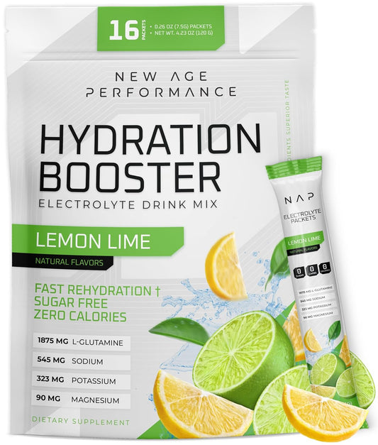 Sugar-Free Electrolyte Powder Packets with L-Glutamine for Workout Recovery - 16 Sticks of Lemon Lime Liquid Hydration Enhancer