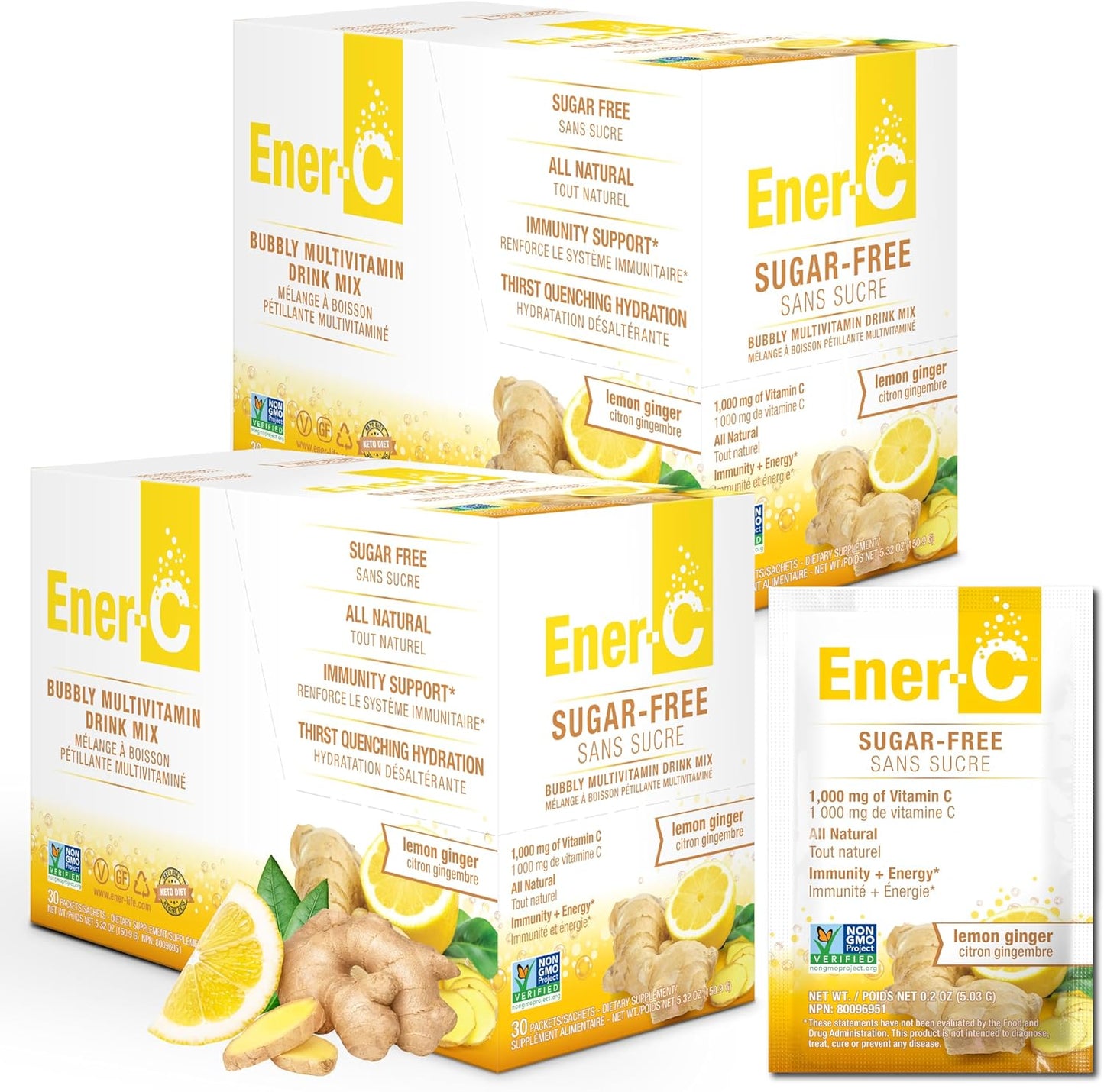 Sugar-Free Ener-C Lemon Ginger Multivitamin Drink Mix - 1000mg Vitamin C & Electrolytes - Immunity Support with Real Fruit Juice Powders - Non-GMO Vegan Gluten-Free - 60 Count