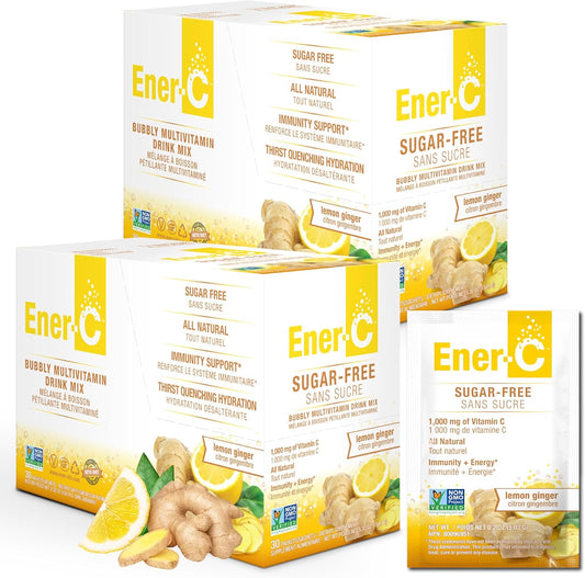 Sugar-Free Ener-C Lemon Ginger Multivitamin Drink Mix - 1000mg Vitamin C & Electrolytes - Immunity Support with Real Fruit Juice Powders - Non-GMO Vegan Gluten-Free - 60 Count