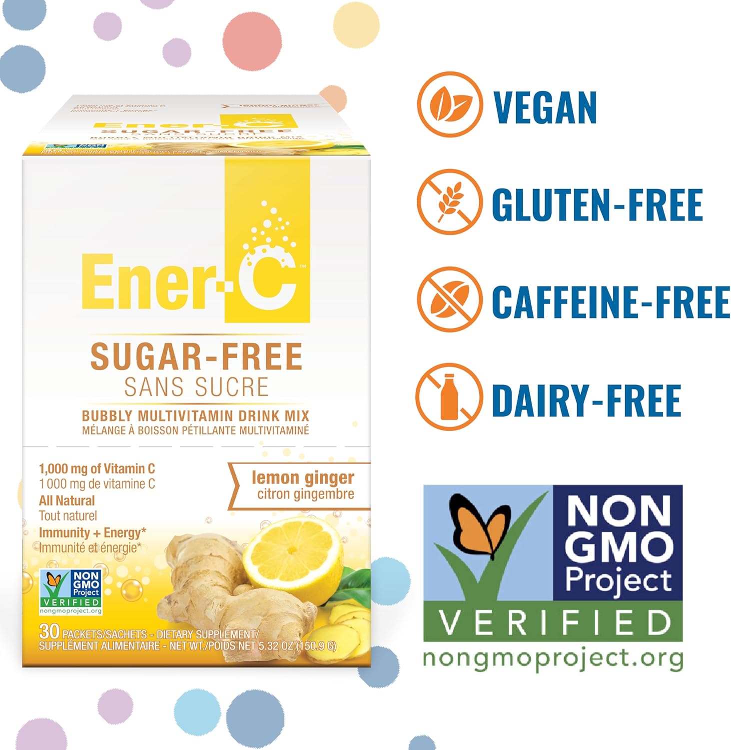 Sugar-Free Ener-C Lemon Ginger Multivitamin Drink Mix - 1000mg Vitamin C & Electrolytes - Immunity Support with Real Fruit Juice Powders - Non-GMO Vegan Gluten-Free - 60 Count