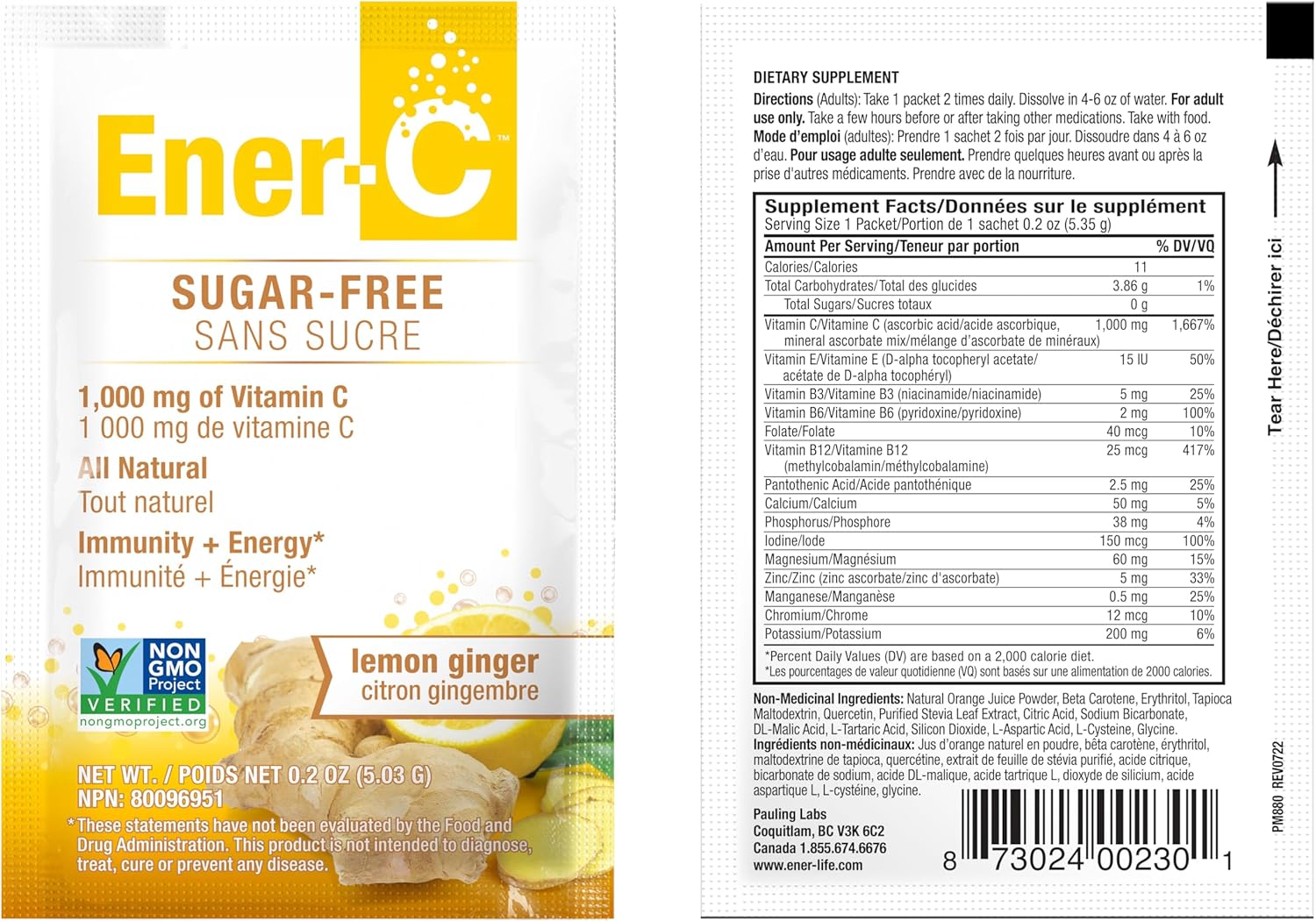 Sugar-Free Ener-C Lemon Ginger Multivitamin Drink Mix - 1000mg Vitamin C & Electrolytes - Immunity Support with Real Fruit Juice Powders - Non-GMO Vegan Gluten-Free - 60 Count