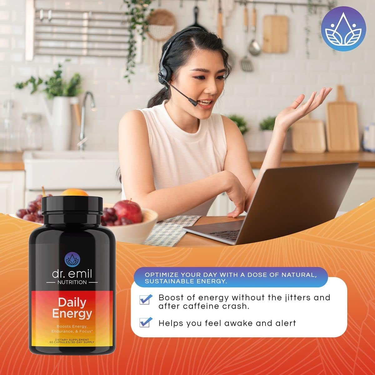 Sugar-Free Energy Pills with Guarana, L-Taurine, L-Theanine - 160mg Caffeine - Boost Energy & Focus - Dr. Emil Nutrition