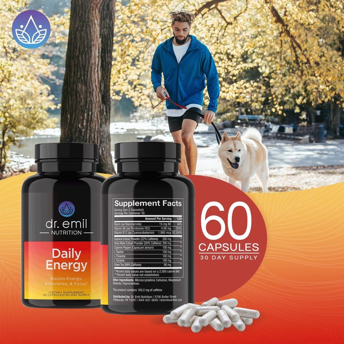 Sugar-Free Energy Pills with Guarana, L-Taurine, L-Theanine - 160mg Caffeine - Boost Energy & Focus - Dr. Emil Nutrition