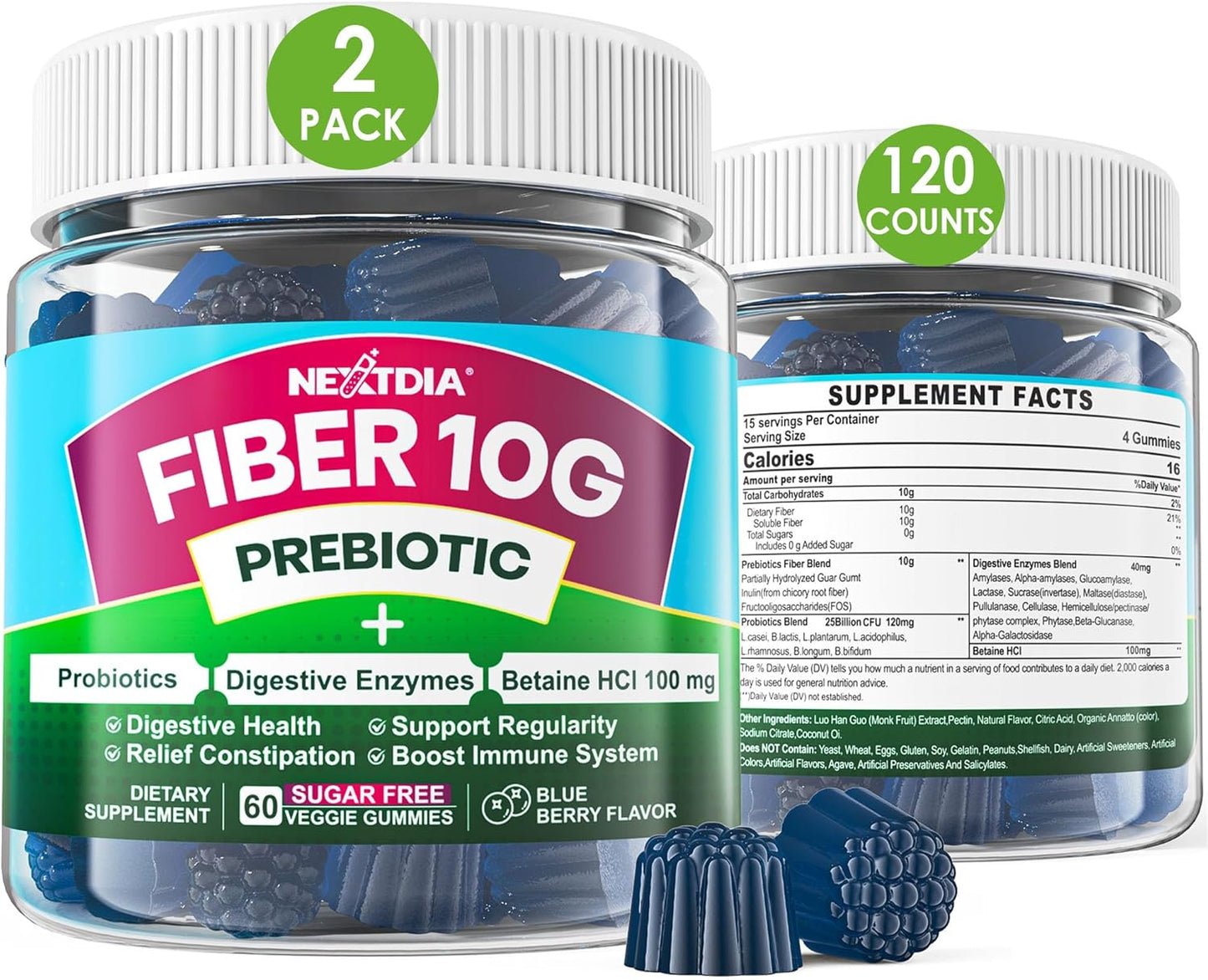 Sugar Free Fiber Gummies for Adults with Prebiotic Fiber, Enzymes, Probiotics, and Betaine - Digestive Health Supplement for Gut Health and Bowel Regularity - Vegan, Gelatin Free - 120 Count