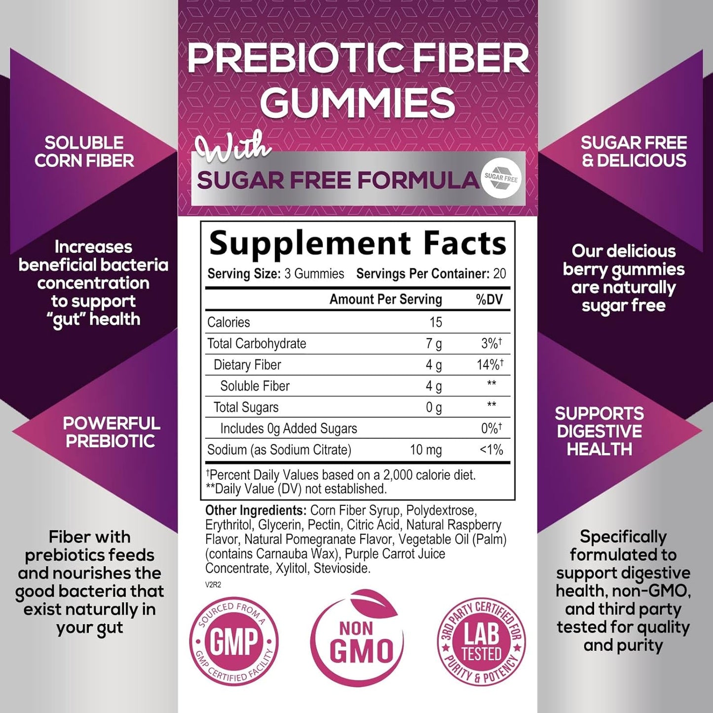 Sugar-Free Fiber Gummies for Digestive Health & Regularity Support - 60 Plant-Based Probiotic Supplements for Adults