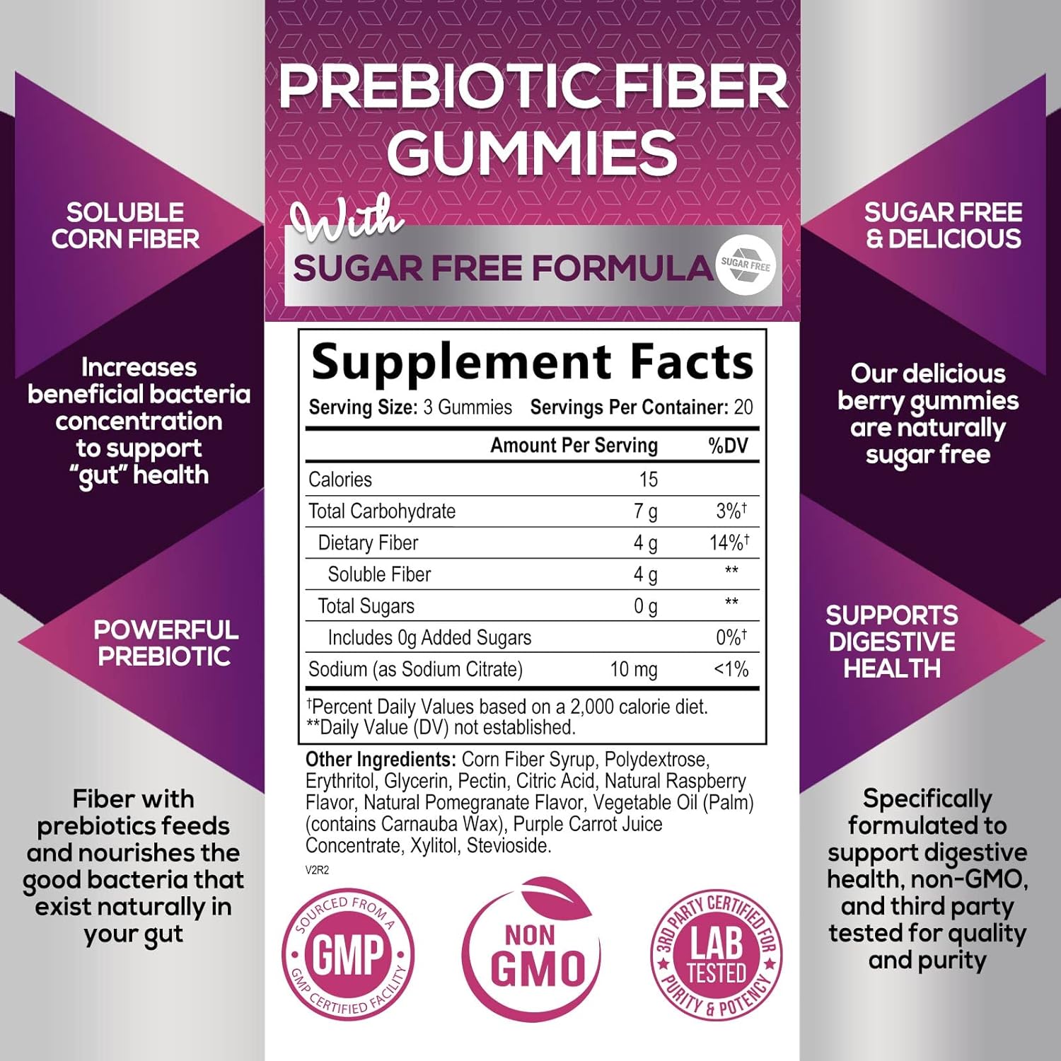 Sugar-Free Fiber Gummies for Digestive Health & Regularity Support - 60 Plant-Based Probiotic Supplements for Adults