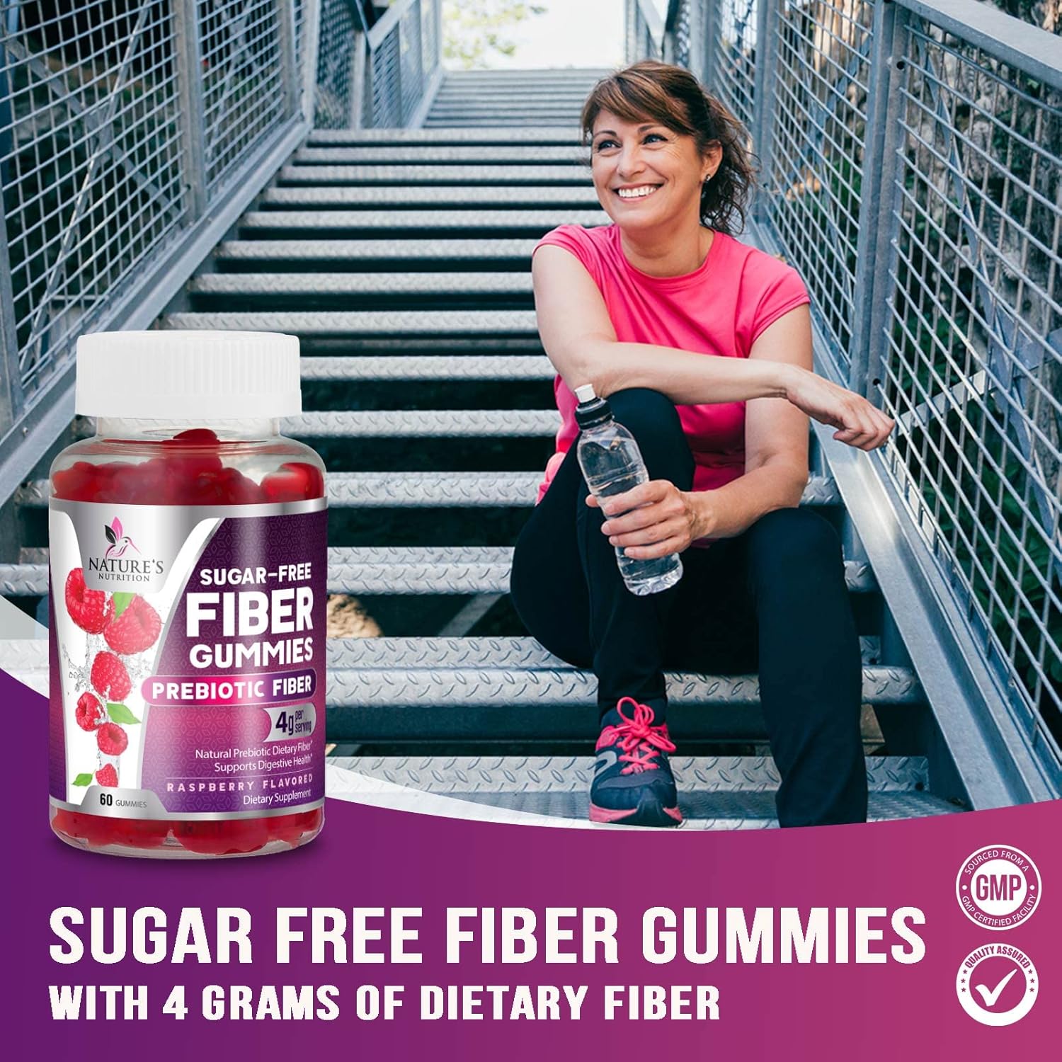 Sugar-Free Fiber Gummies for Digestive Health & Regularity Support - 60 Plant-Based Probiotic Supplements for Adults