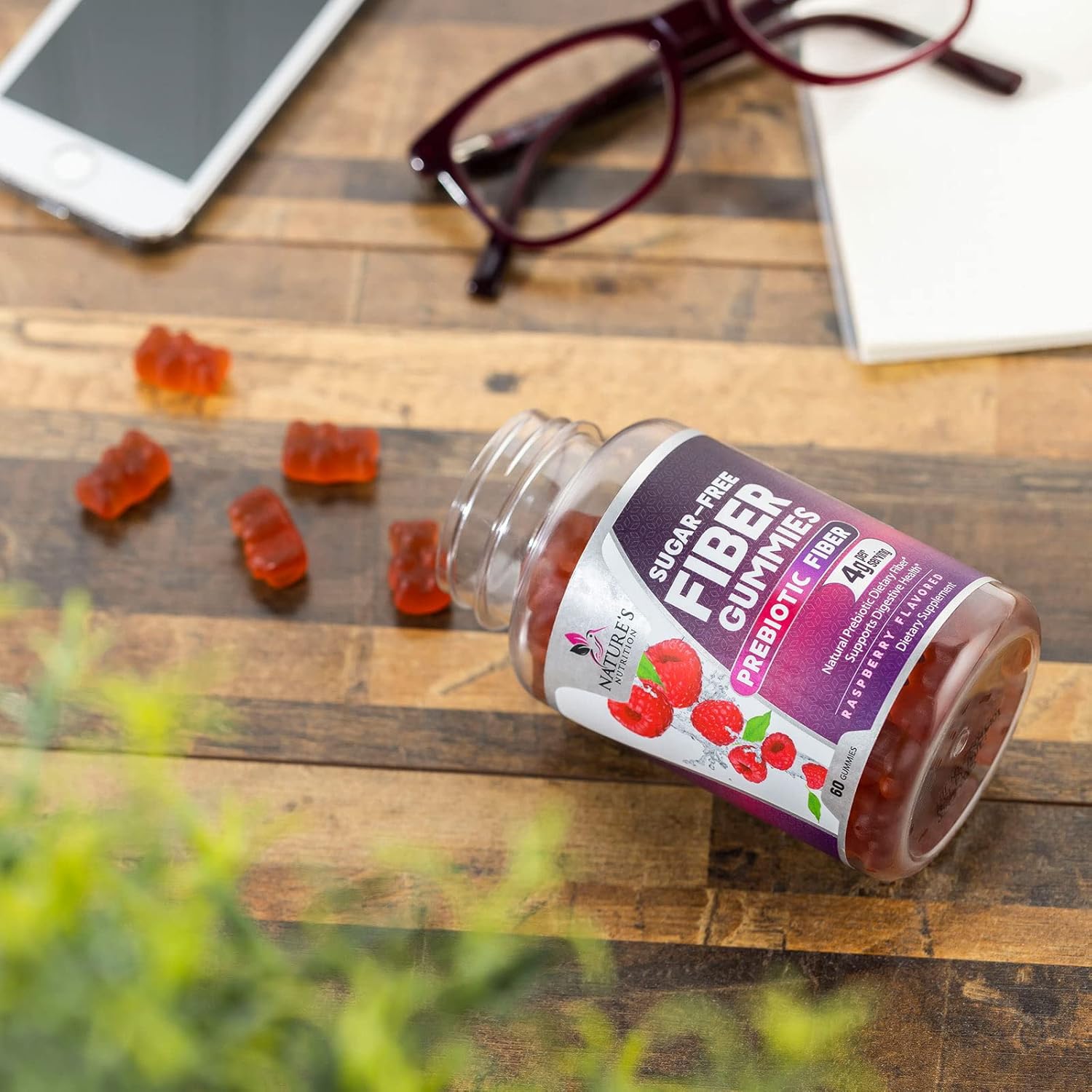 Sugar-Free Fiber Gummies for Digestive Health & Regularity Support - 60 Plant-Based Probiotic Supplements for Adults