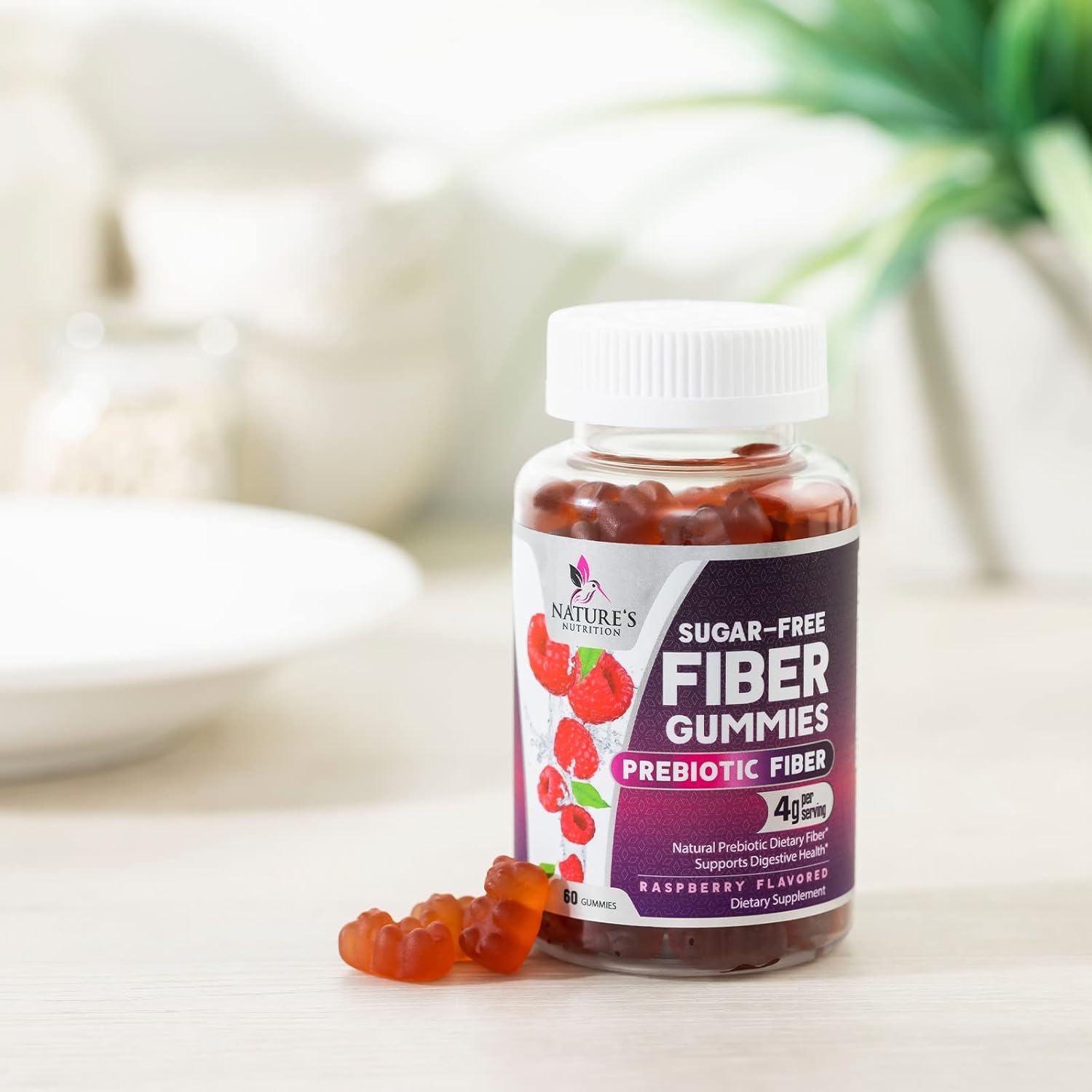 Sugar-Free Fiber Gummies for Digestive Health & Regularity Support - 60 Plant-Based Probiotic Supplements for Adults