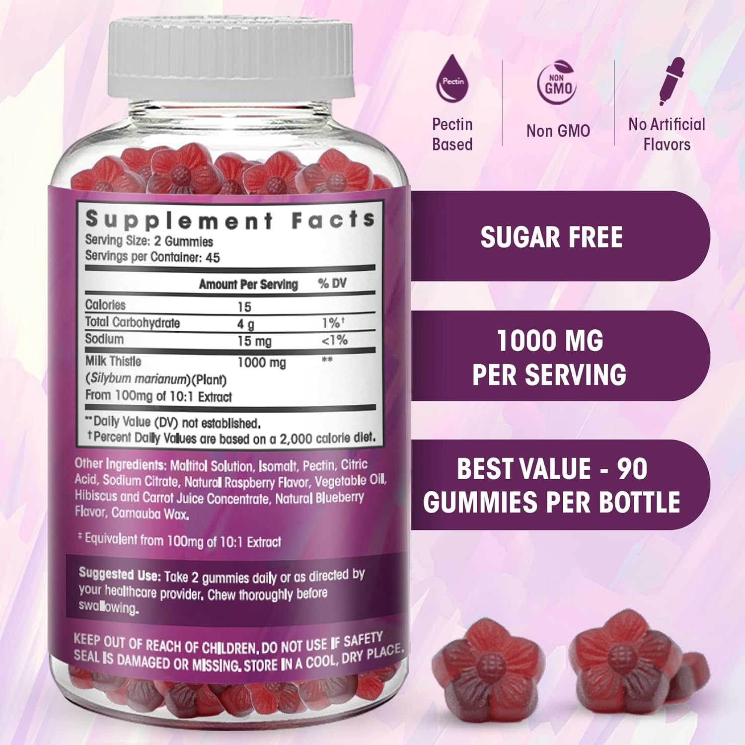 Sugar-Free Flamingo Supplements Milk Thistle Gummies 1000mg Extract - Liver Cleanse Support - Delicious Alternative to Capsules or Tea - 90 Count