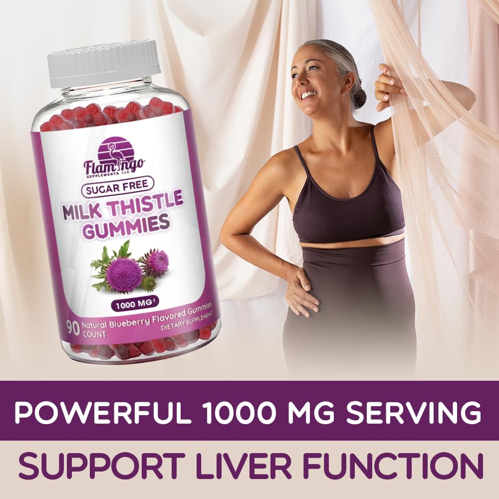 Sugar-Free Flamingo Supplements Milk Thistle Gummies 1000mg Extract - Liver Cleanse Support - Delicious Alternative to Capsules or Tea - 90 Count