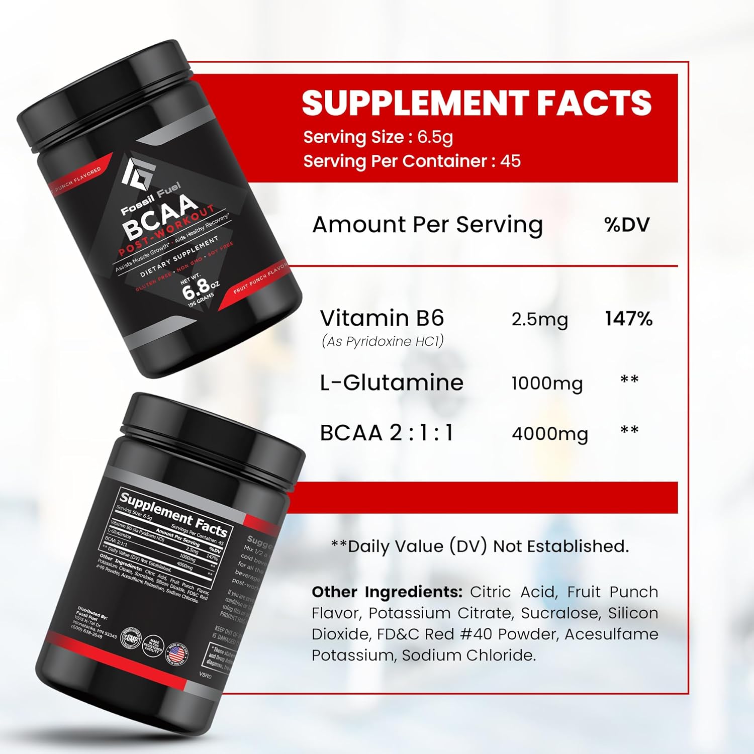 Sugar-Free Fossil Fuel BCAA Powder with Essential Amino Acids - Post-Workout Electrolytes Fruit Punch (6.8oz)