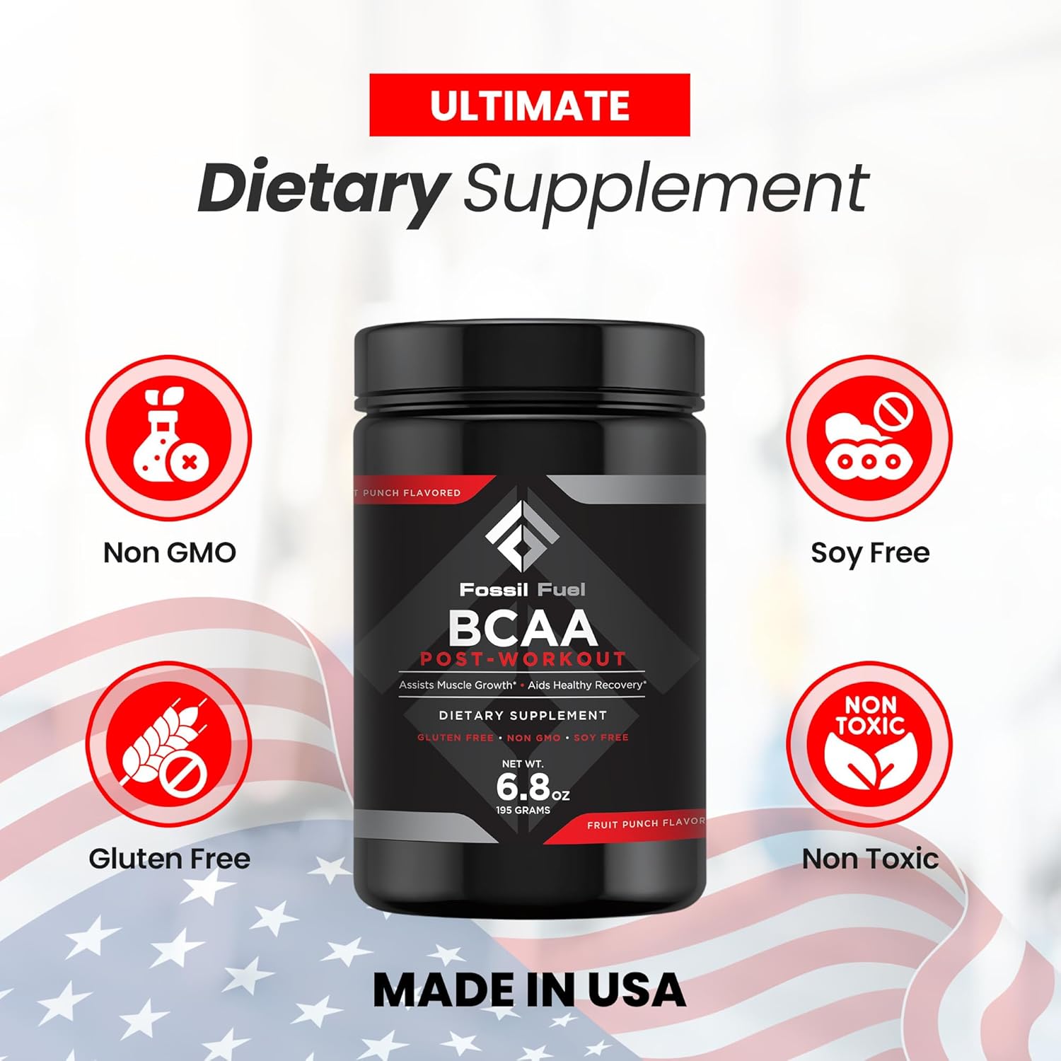 Sugar-Free Fossil Fuel BCAA Powder with Essential Amino Acids - Post-Workout Electrolytes Fruit Punch (6.8oz)